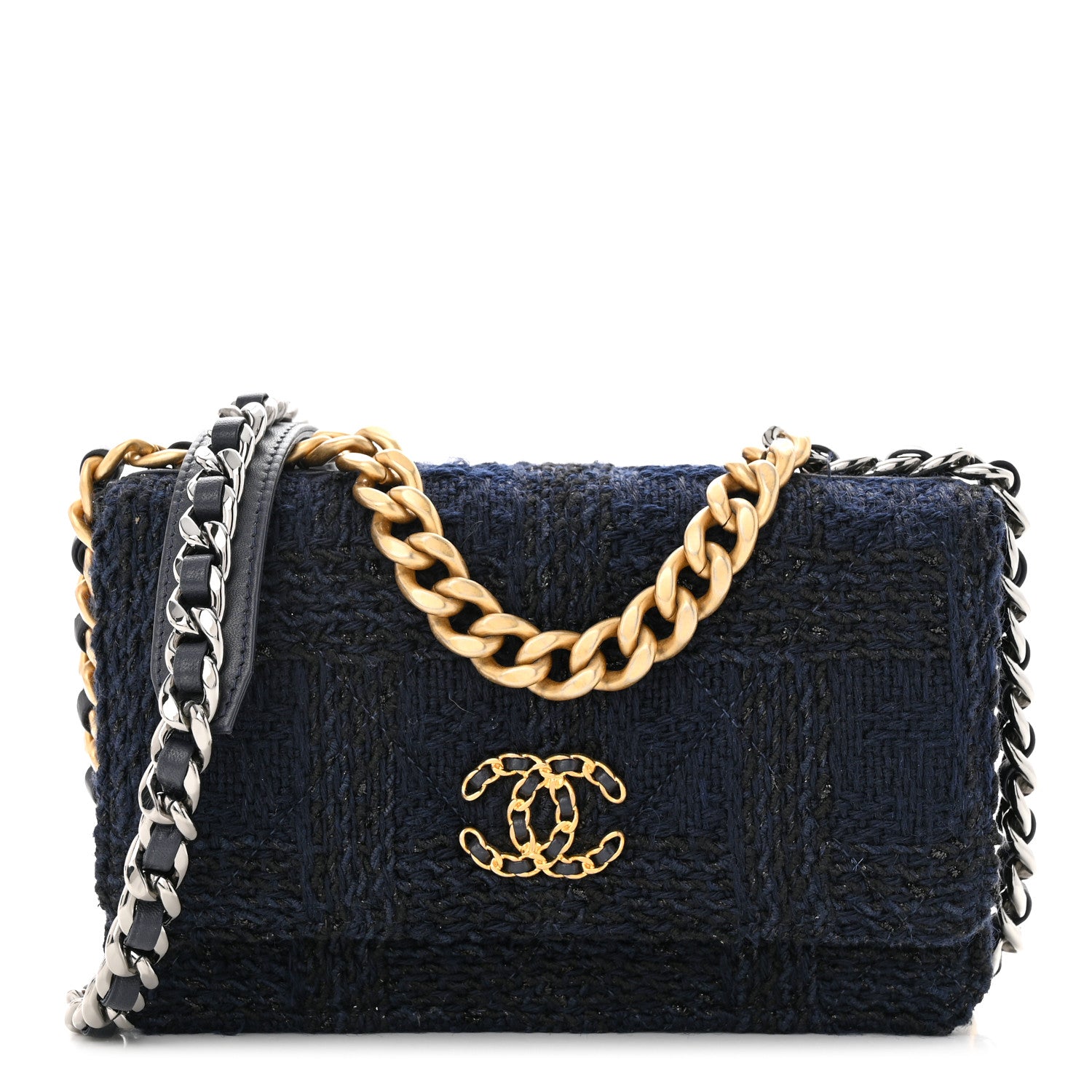 Chanel Wool Tweed Lambskin Quilted Chanel 19 Wallet On Chain WOC Navy 3 of 13