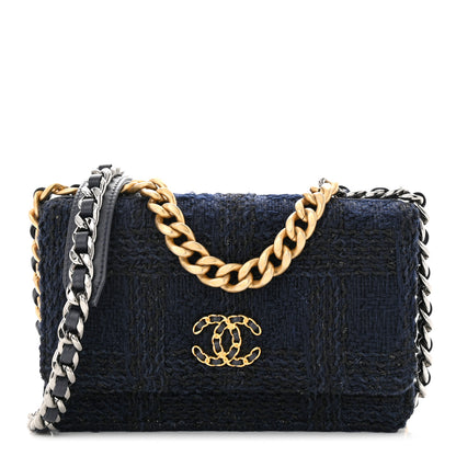 Chanel Wool Tweed Lambskin Quilted Chanel 19 Wallet On Chain WOC Navy 3 of 13