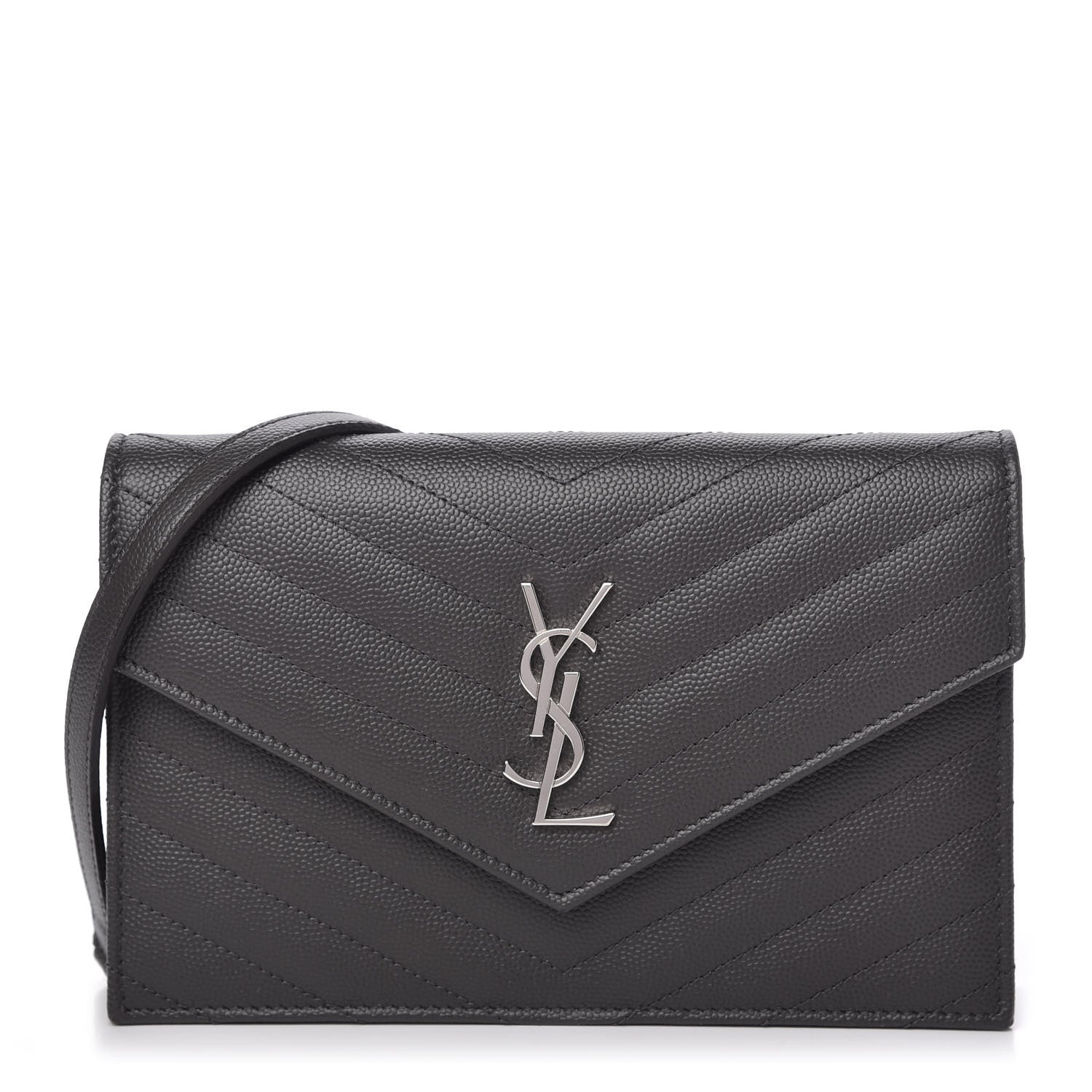 Saint Laurent Grain De Poudre Matelasse Chevron Monogram Envelope Chain Wallet Dark Smog 1 of 11