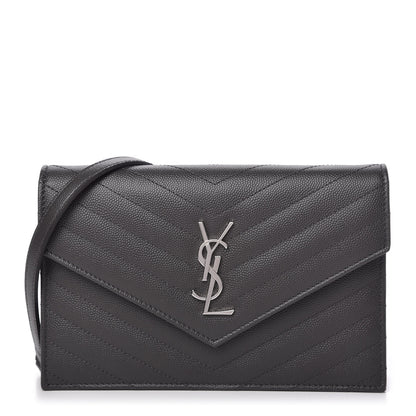 Saint Laurent Grain De Poudre Matelasse Chevron Monogram Envelope Chain Wallet Dark Smog 1 of 11