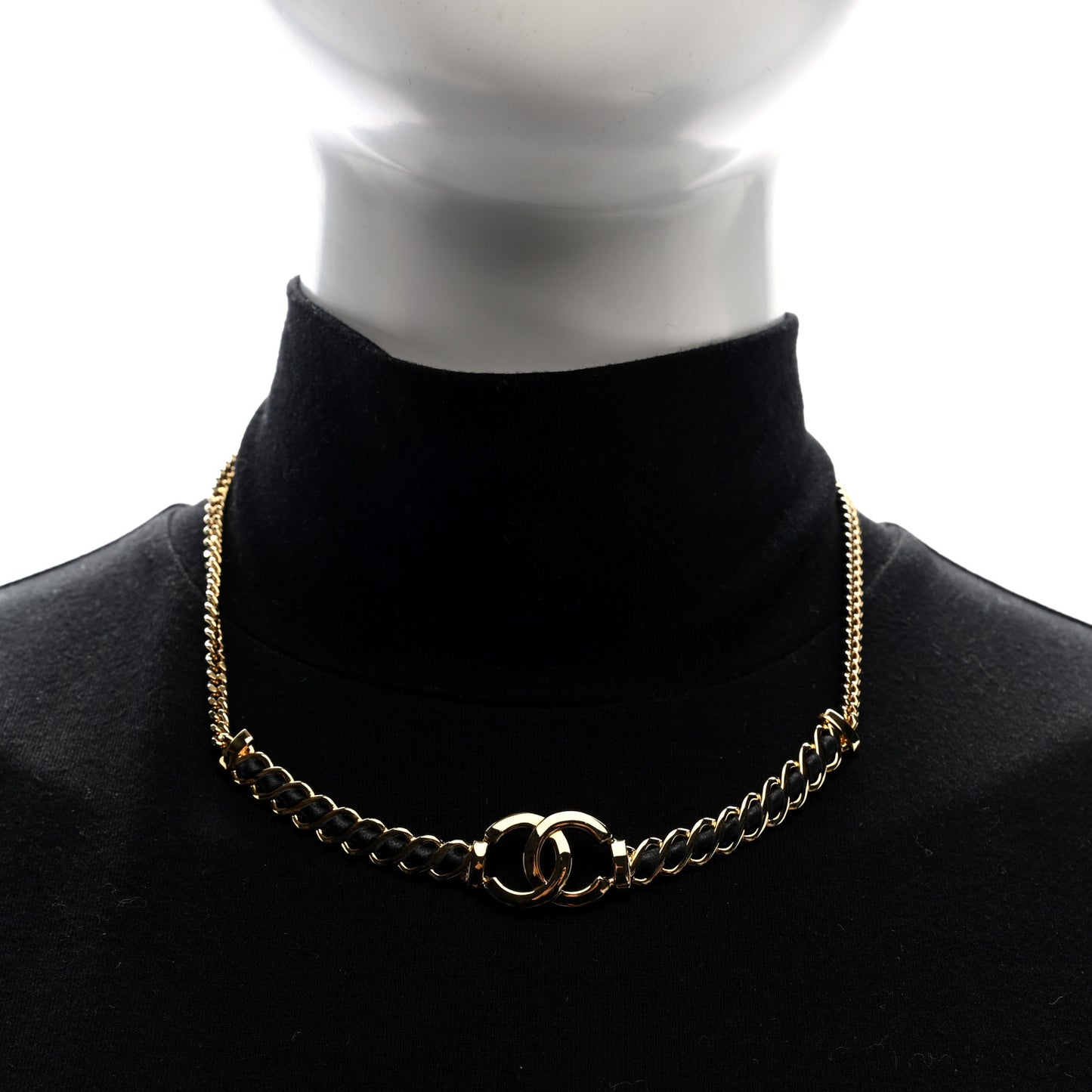 Metal Lambskin Chain CC Choker Necklace Black Gold