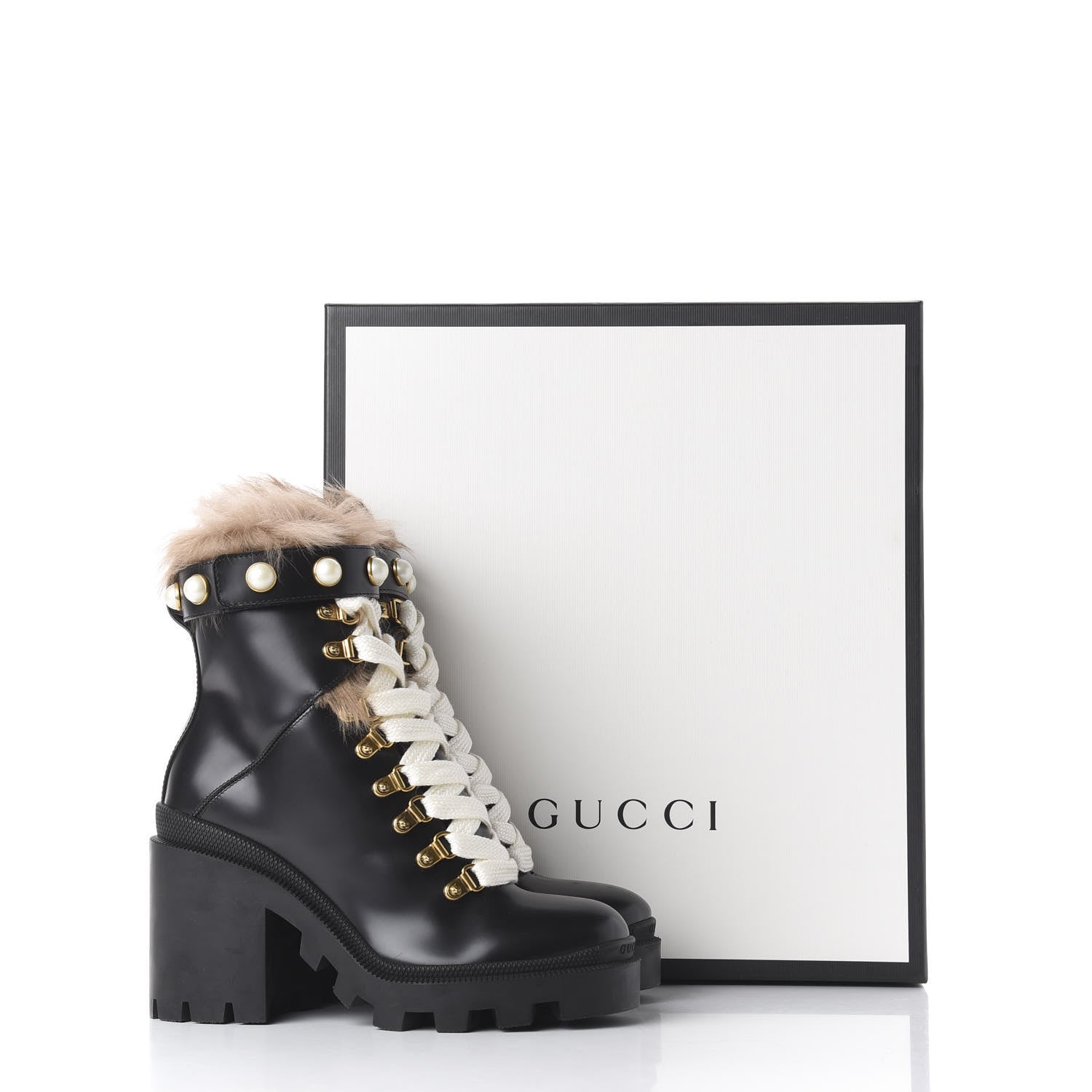 Gucci Magnum Calfskin Fur Pearl Lace Up Combat Ankle Boots 36 Black Naturale 8 of 8