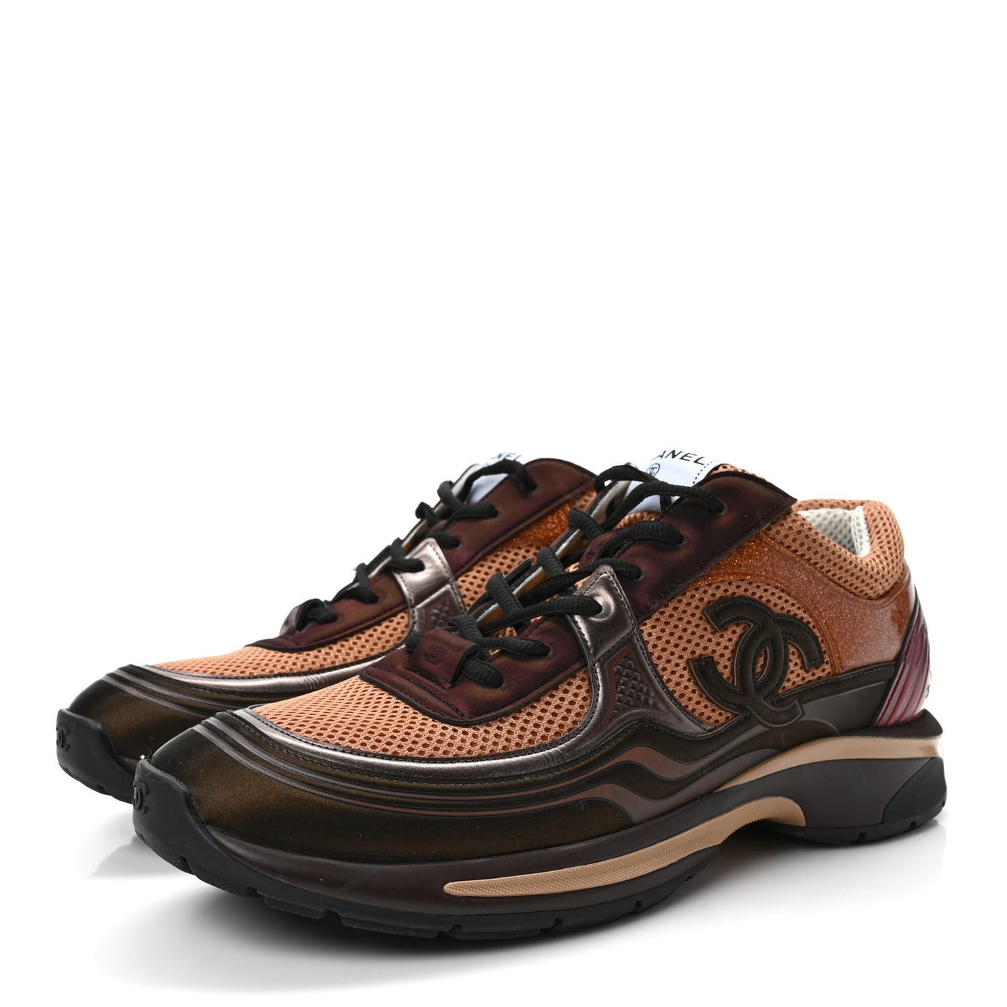 Fabric Laminated Calfskin Stretch CC Mens Sneakers 45 Brown Dark Grey