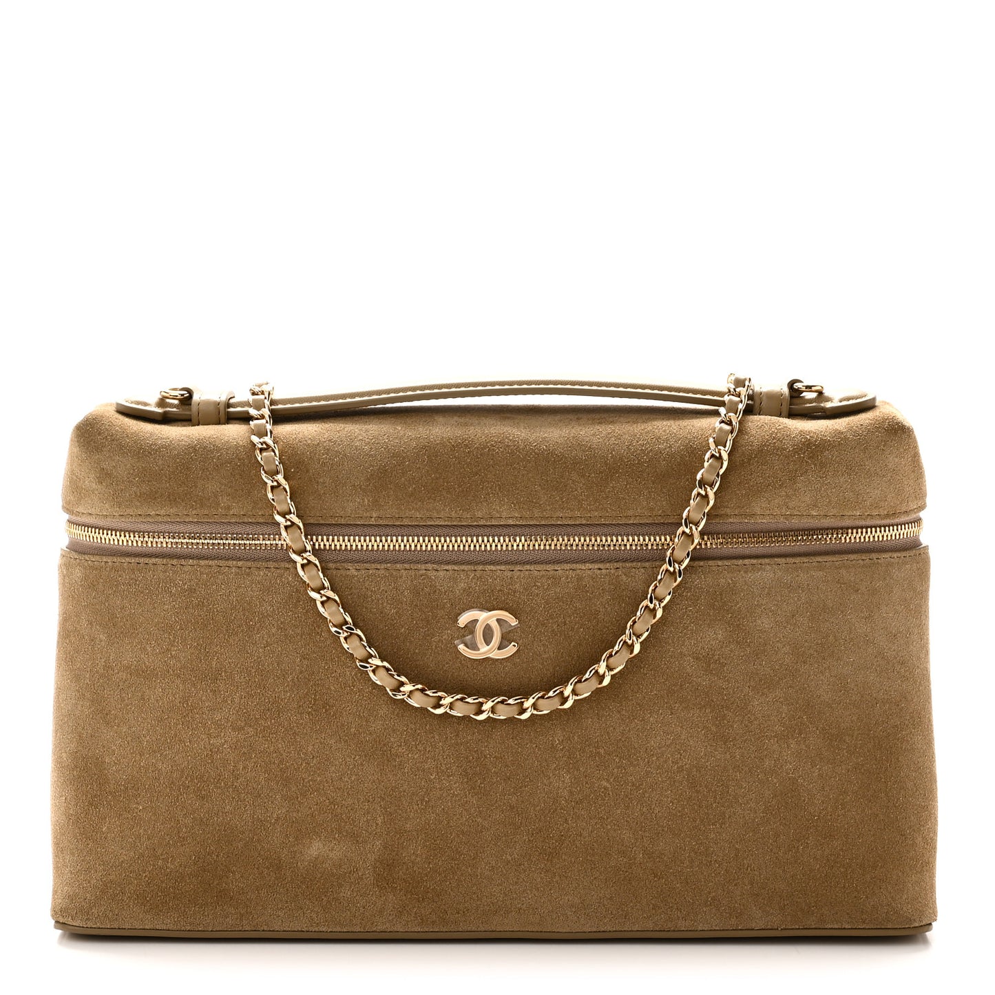 Suede Calfskin Large Trapeze Large Top Handle Slim Vanity With Chain Beige