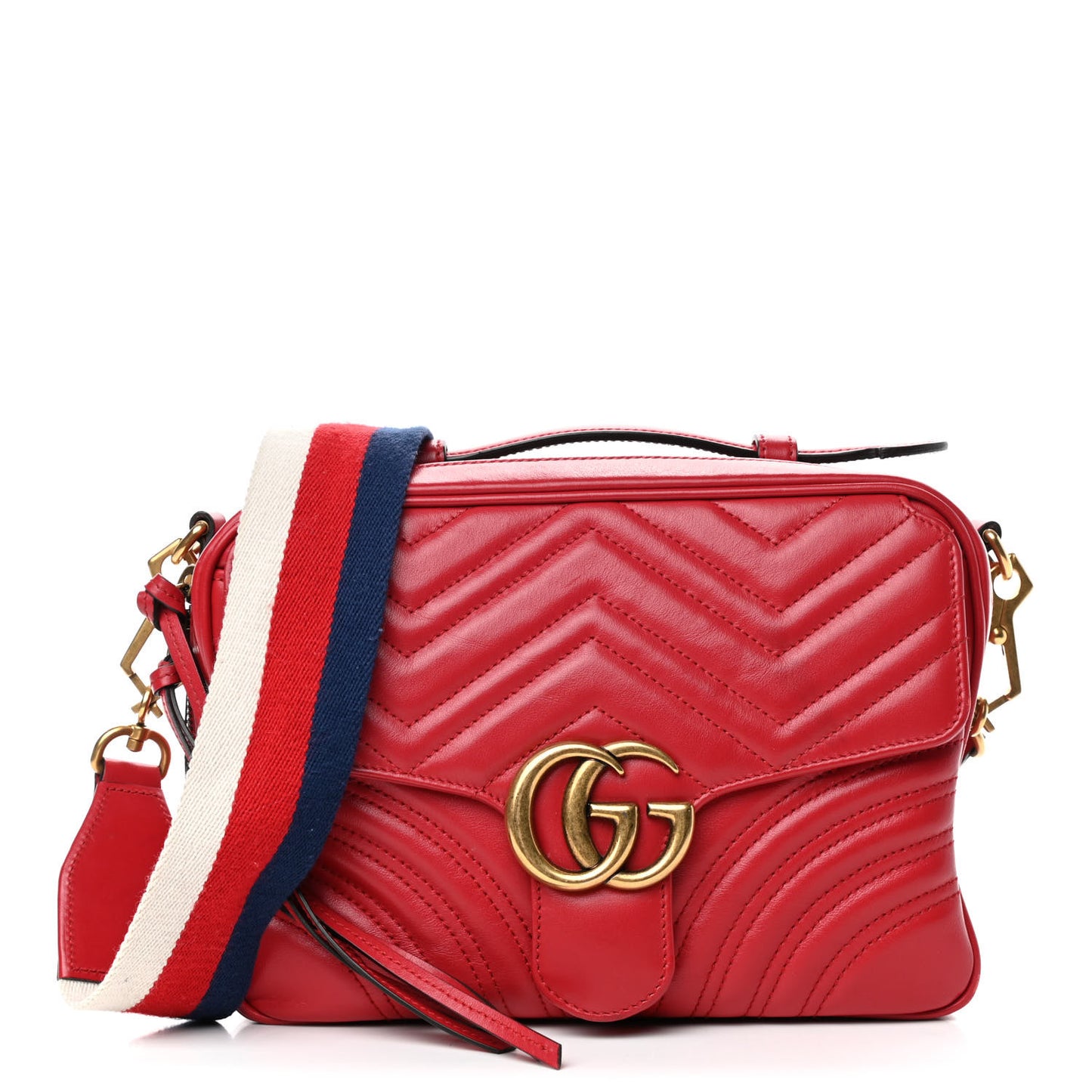 Calfskin Matelasse Sylvie Web Small GG Marmont Top Handle Shoulder Bag Hibiscus Red
