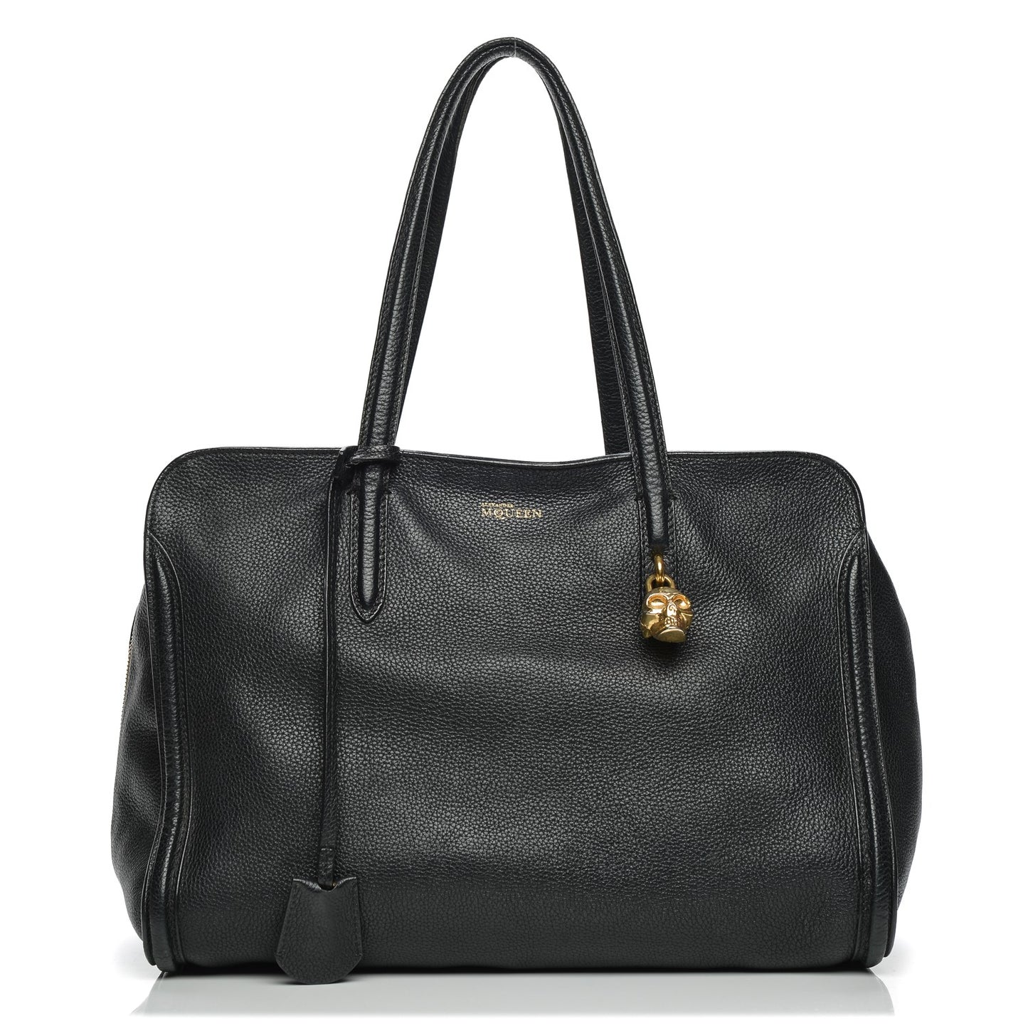 Pebbled Calfskin Large Skull Padlock Zip Around Tote Black