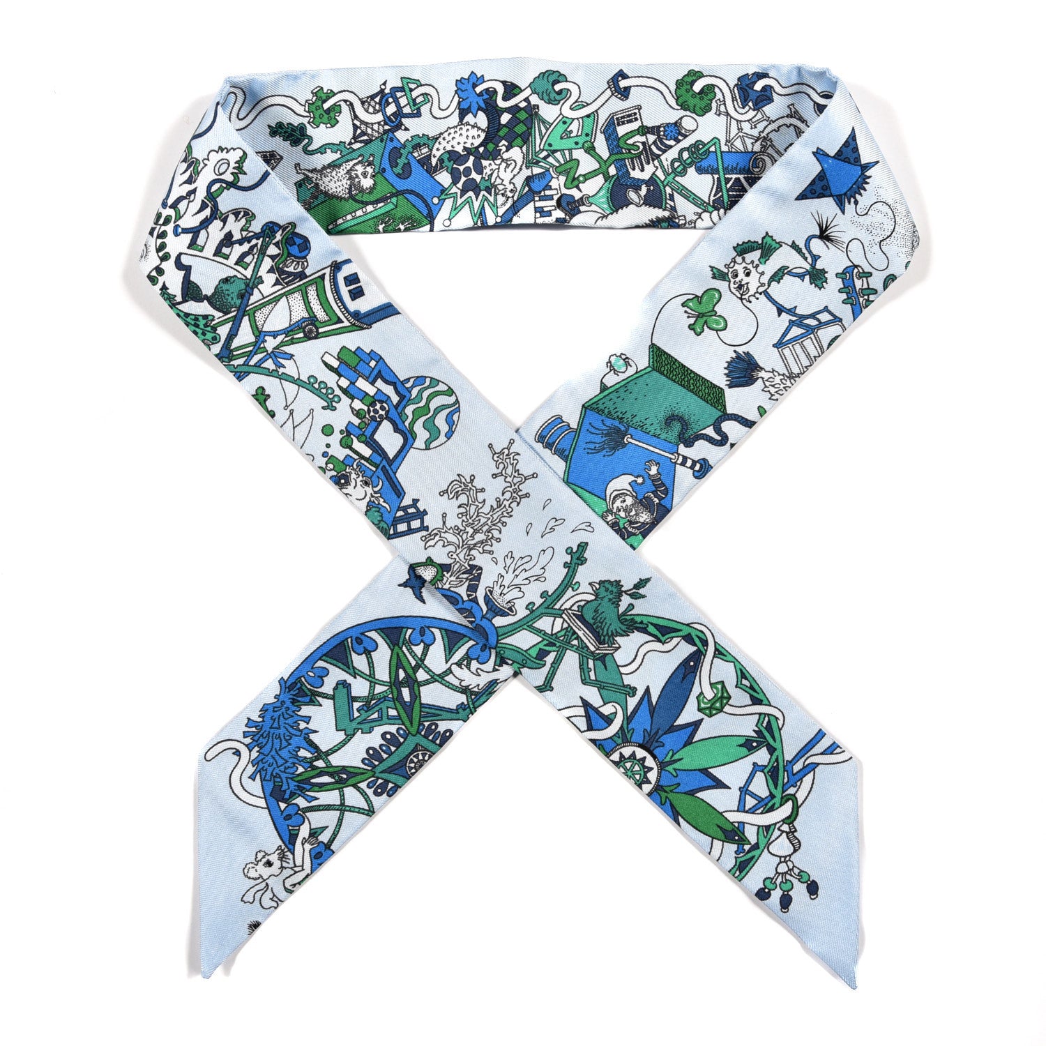 Hermes Silk La Folle Parade Twilly Bleu Ciel Vert Cobalt 1 of 4