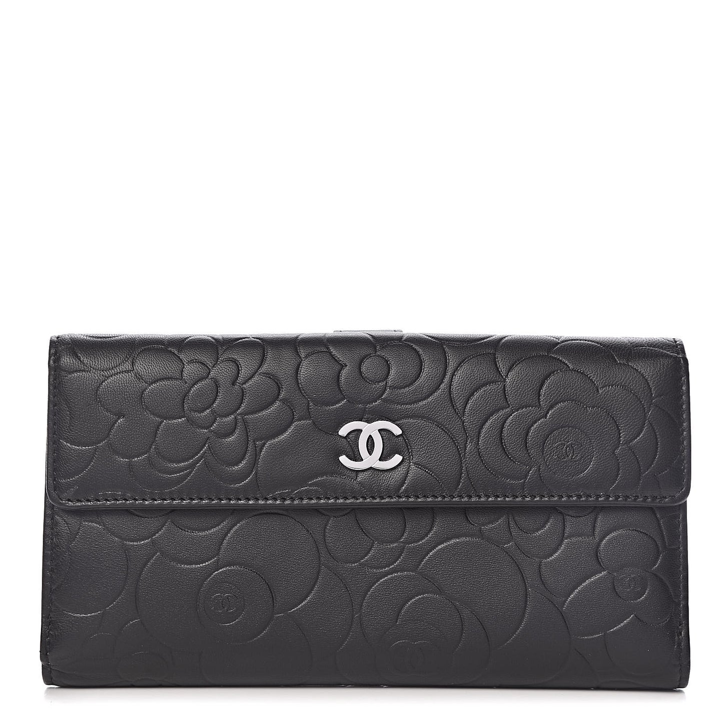 Lambskin Camellia Embossed Long Double Wallet Black