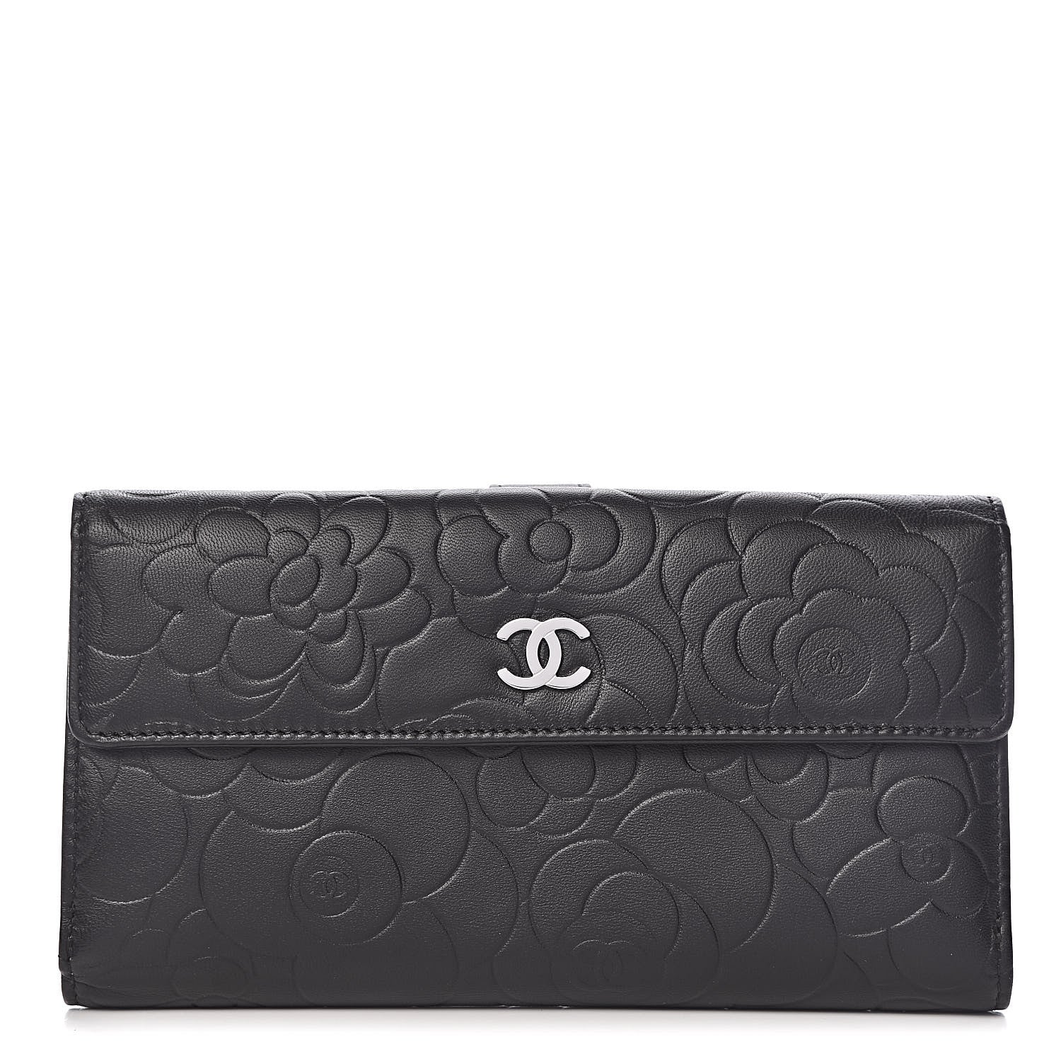Chanel Lambskin Camellia Embossed Long Double Wallet Black 1 of 9