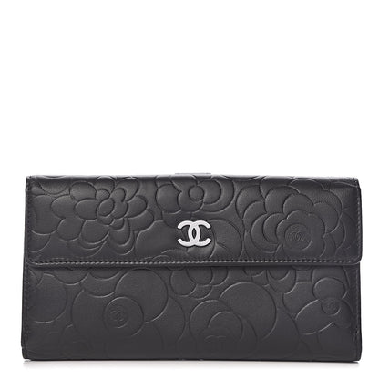 Chanel Lambskin Camellia Embossed Long Double Wallet Black 1 of 9