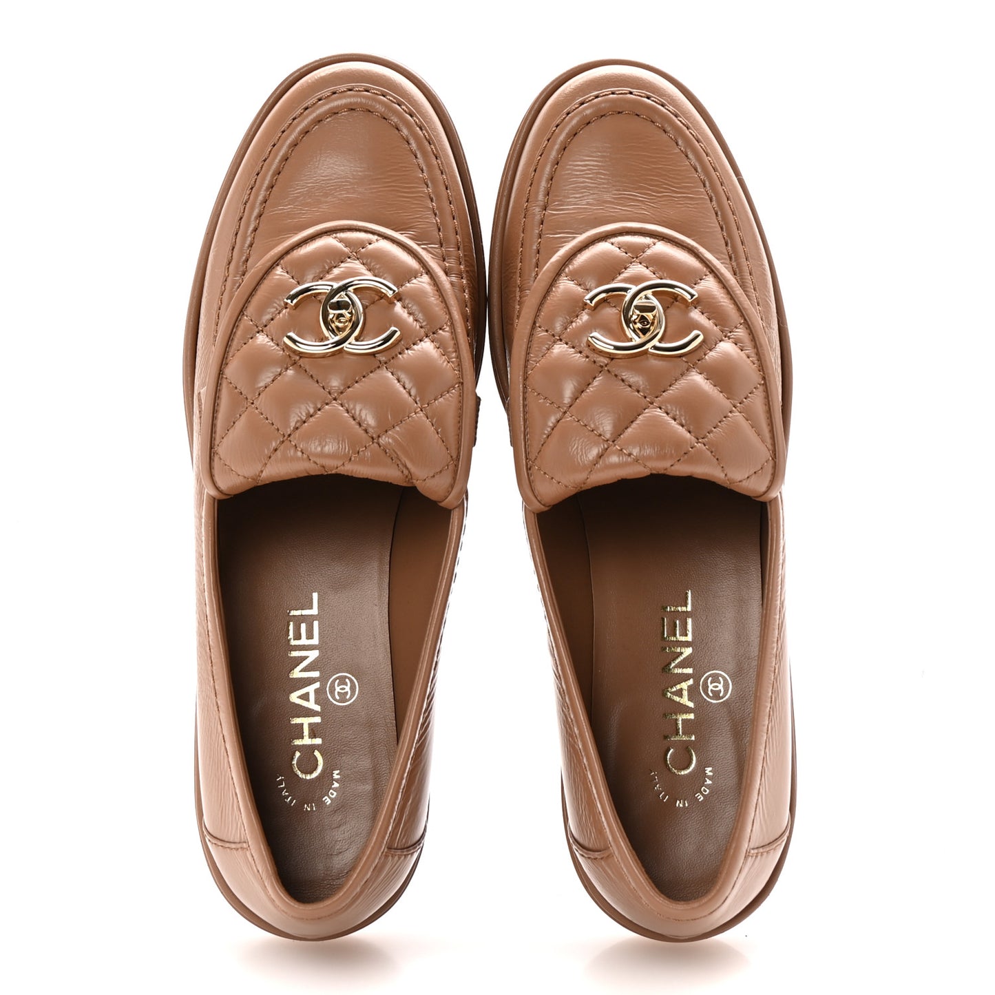 Crumpled Lambskin Quilted CC Turnlock Moccasins 39.5 Dark Beige