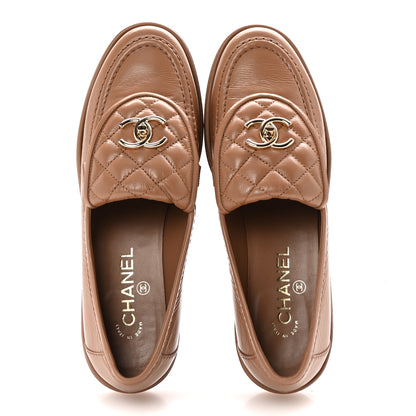 Chanel Crumpled Lambskin Quilted CC Turnlock Moccasins 39.5 Dark Beige 2 of 10