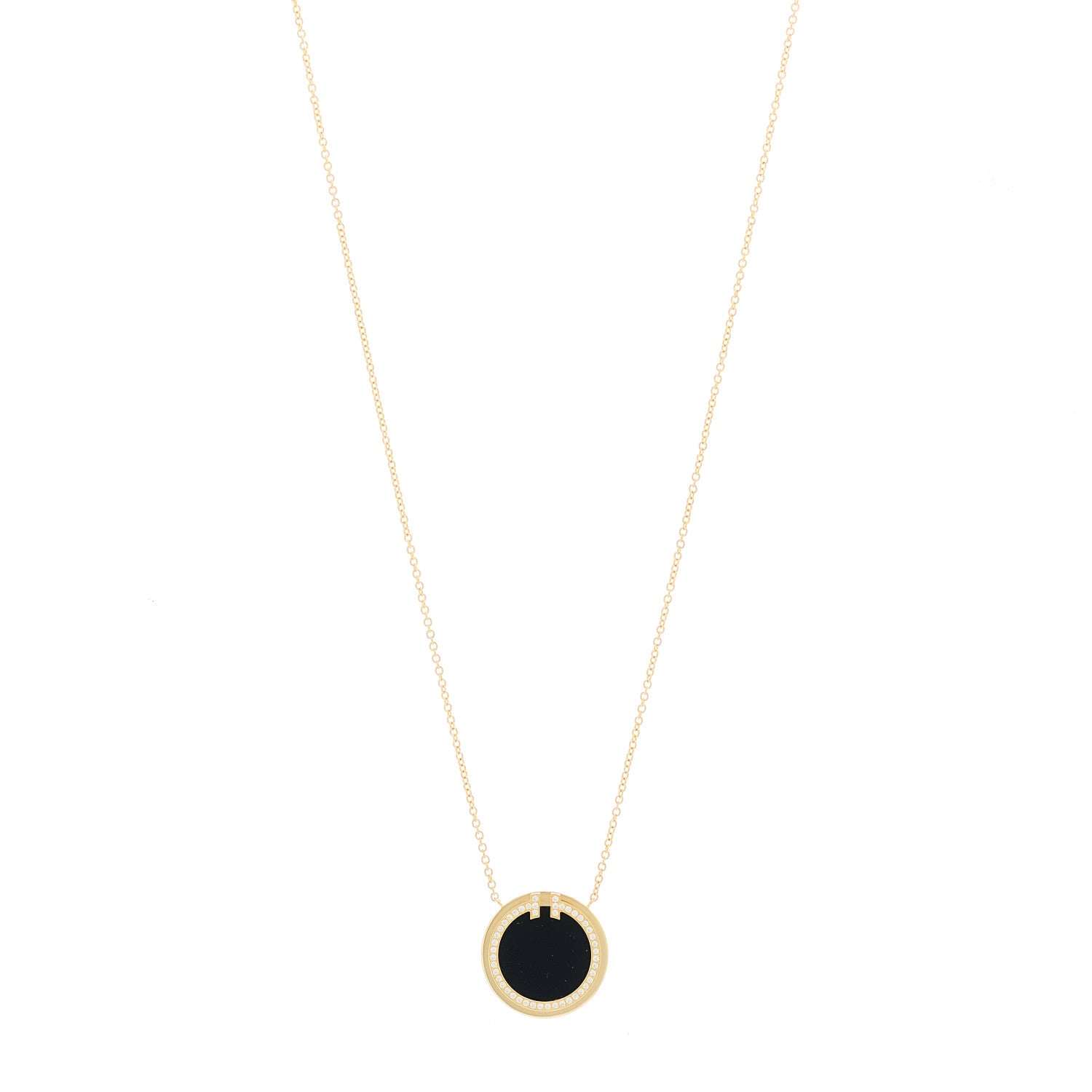 Tiffany 18K Yellow Gold Diamond Black Onyx 16mm T Circle Pendant Necklace 1 of 6