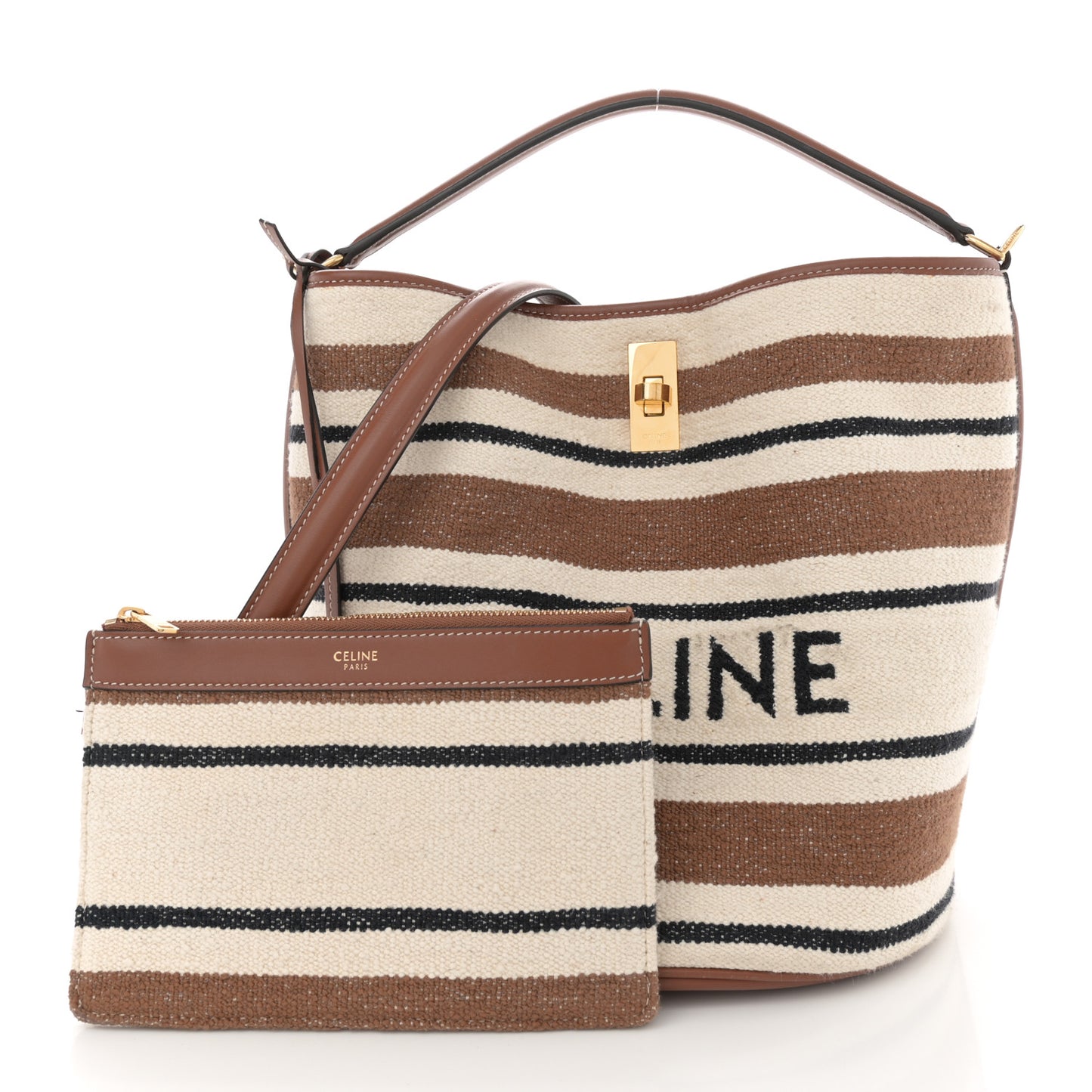 Canvas Smooth Calfskin Logo Bucket 16 Bag Brown Off White Tan
