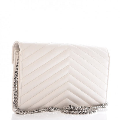 Saint Laurent Grain De Poudre Matelasse Chevron Monogram Chain Wallet Icy White 3 of 19