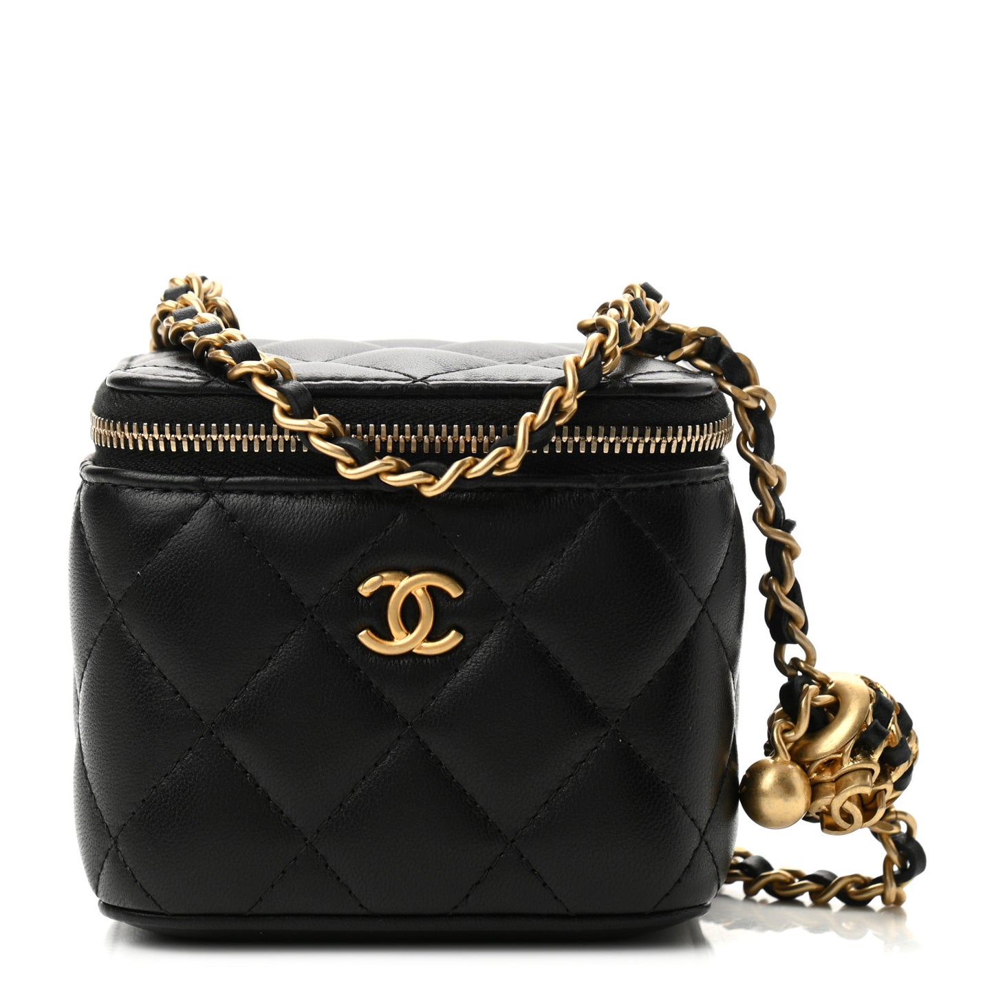Lambskin Quilted Mini Pearl Crush Vanity Case With Chain Black
