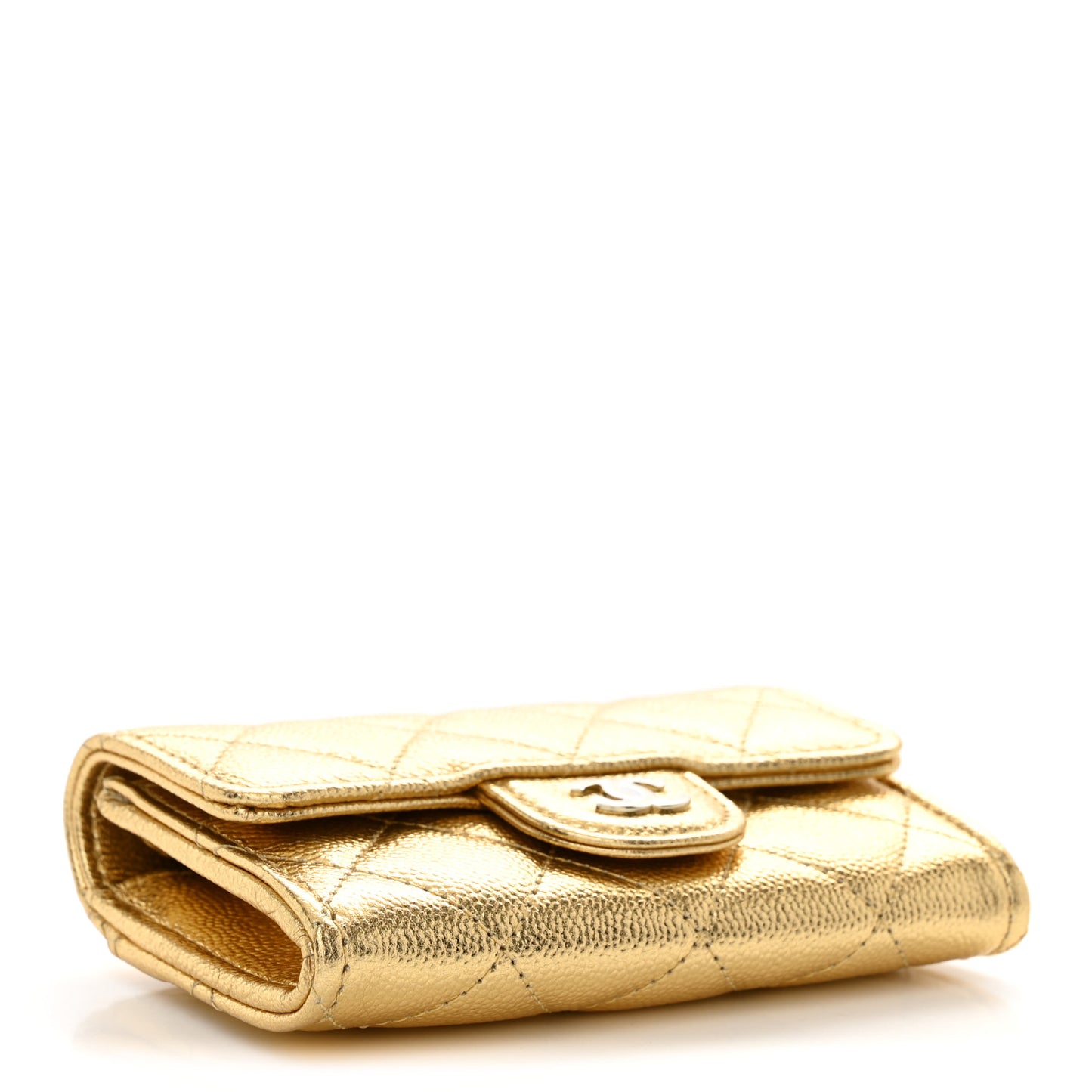 Metallic Caviar Quilted Flap Card Holder Wallet Gold