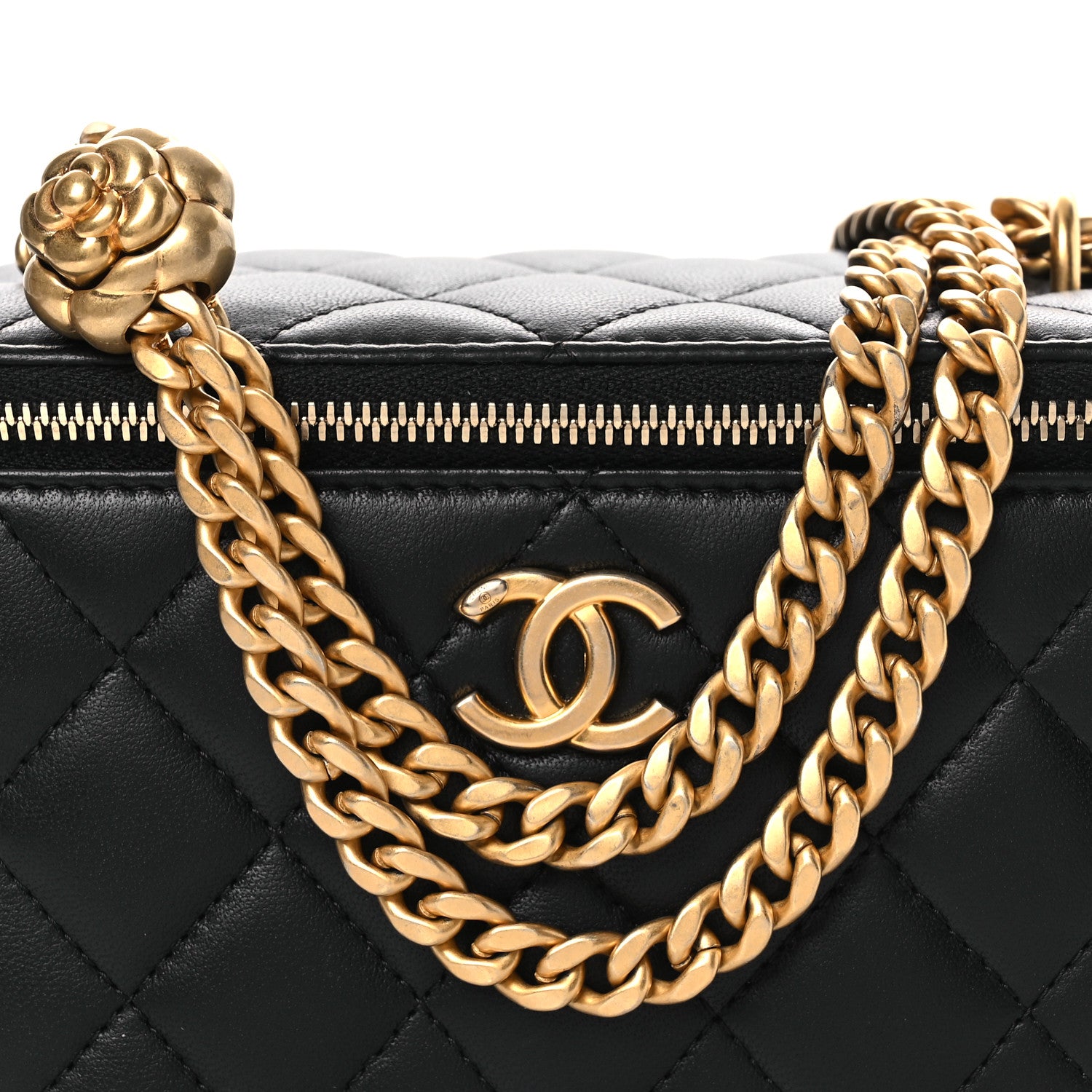 Chanel Lambskin Quilted Camellia Vanity Case Black 1855625