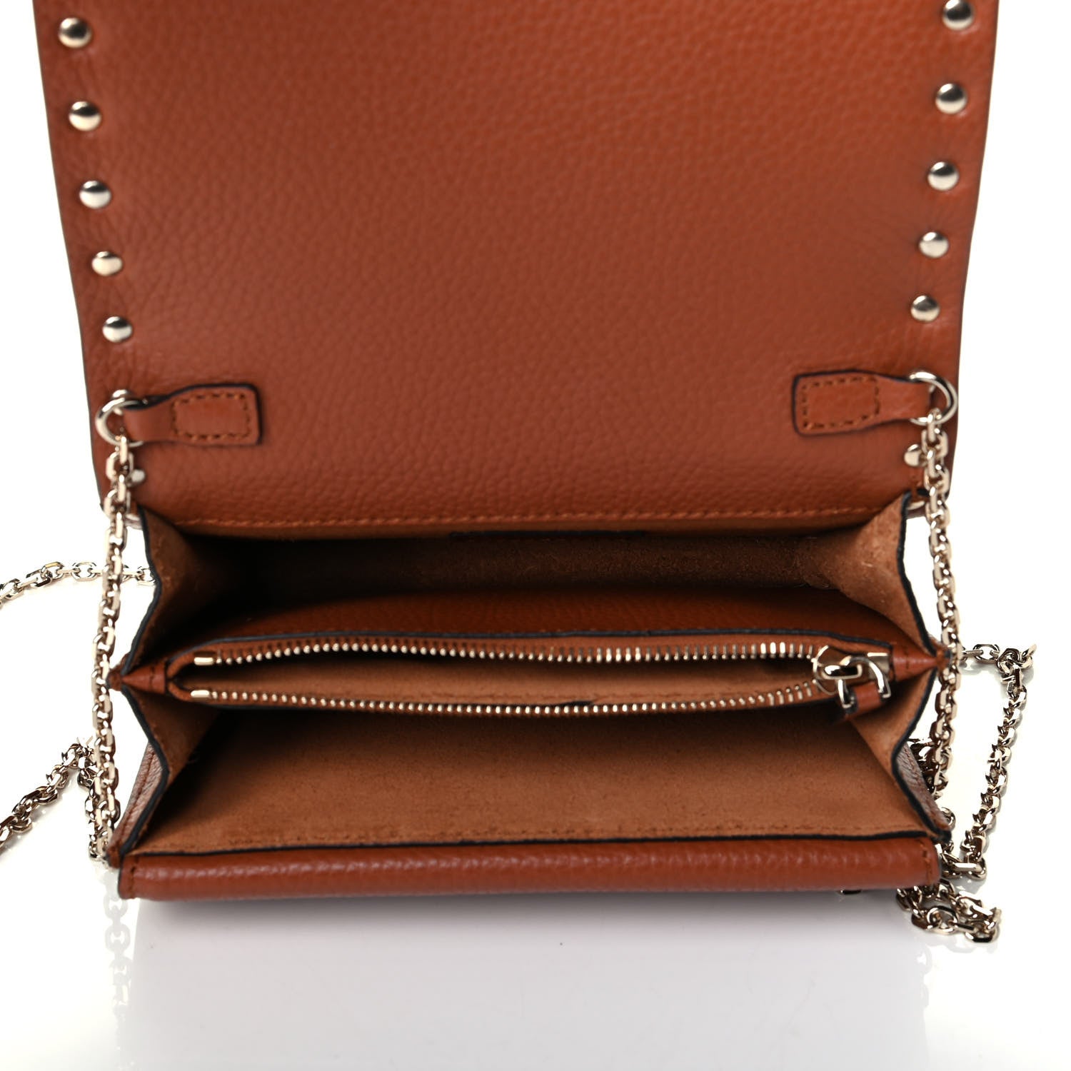 Valentino Garavani Pebbled Calfskin Rockstud Wallet on Chain Saddle Brown 4 of 5