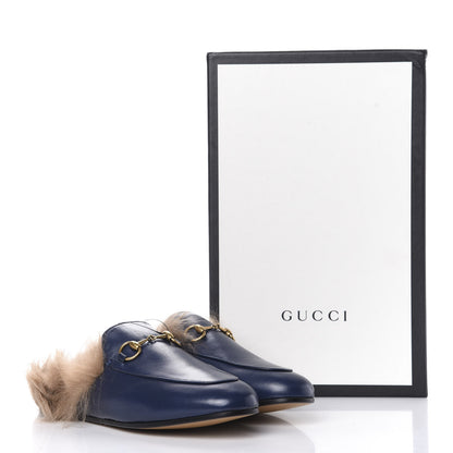 Gucci Malaga Kid Fur Womens Princetown Slippers 37.5 Blue Agata 9 of 9