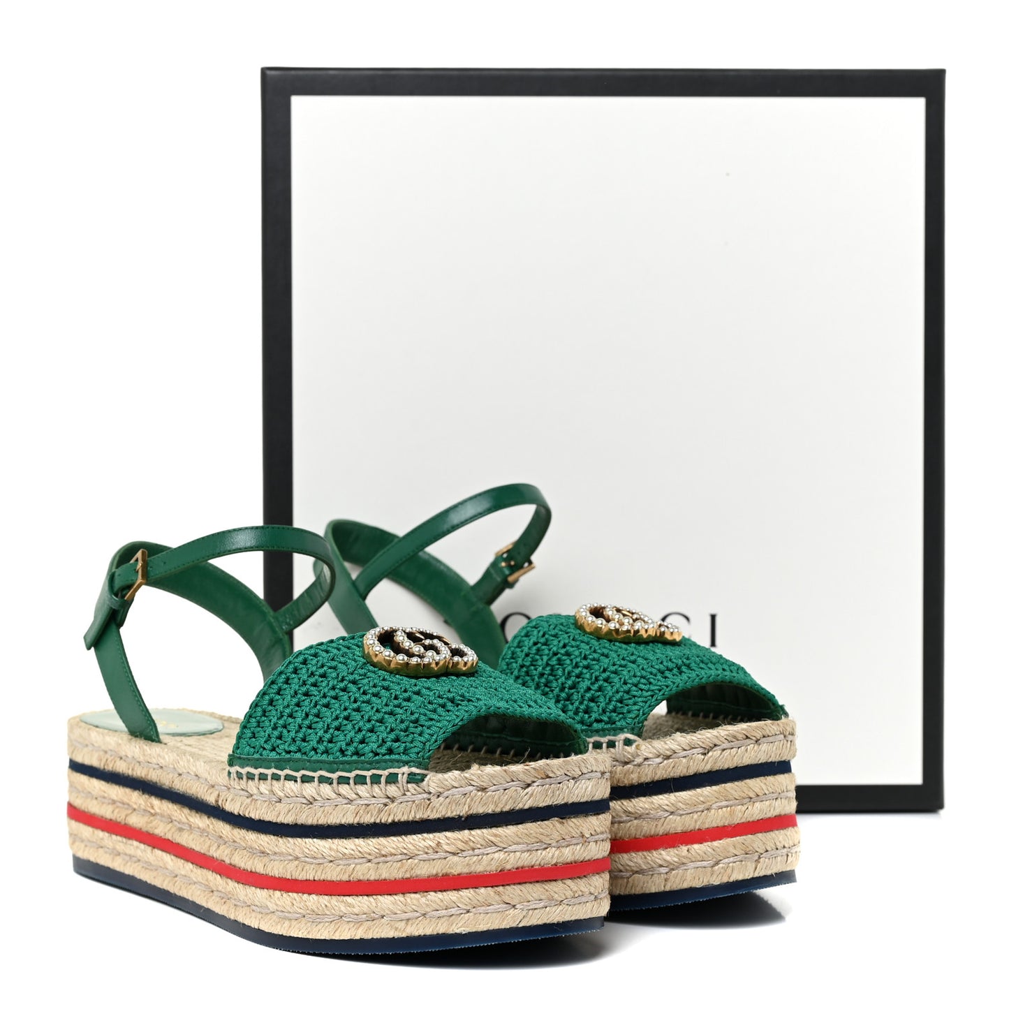 Cotton Malaga Kid Crochet Pearly GG Lilibeth Espadrille Platform Sandals 39.5 Emerald