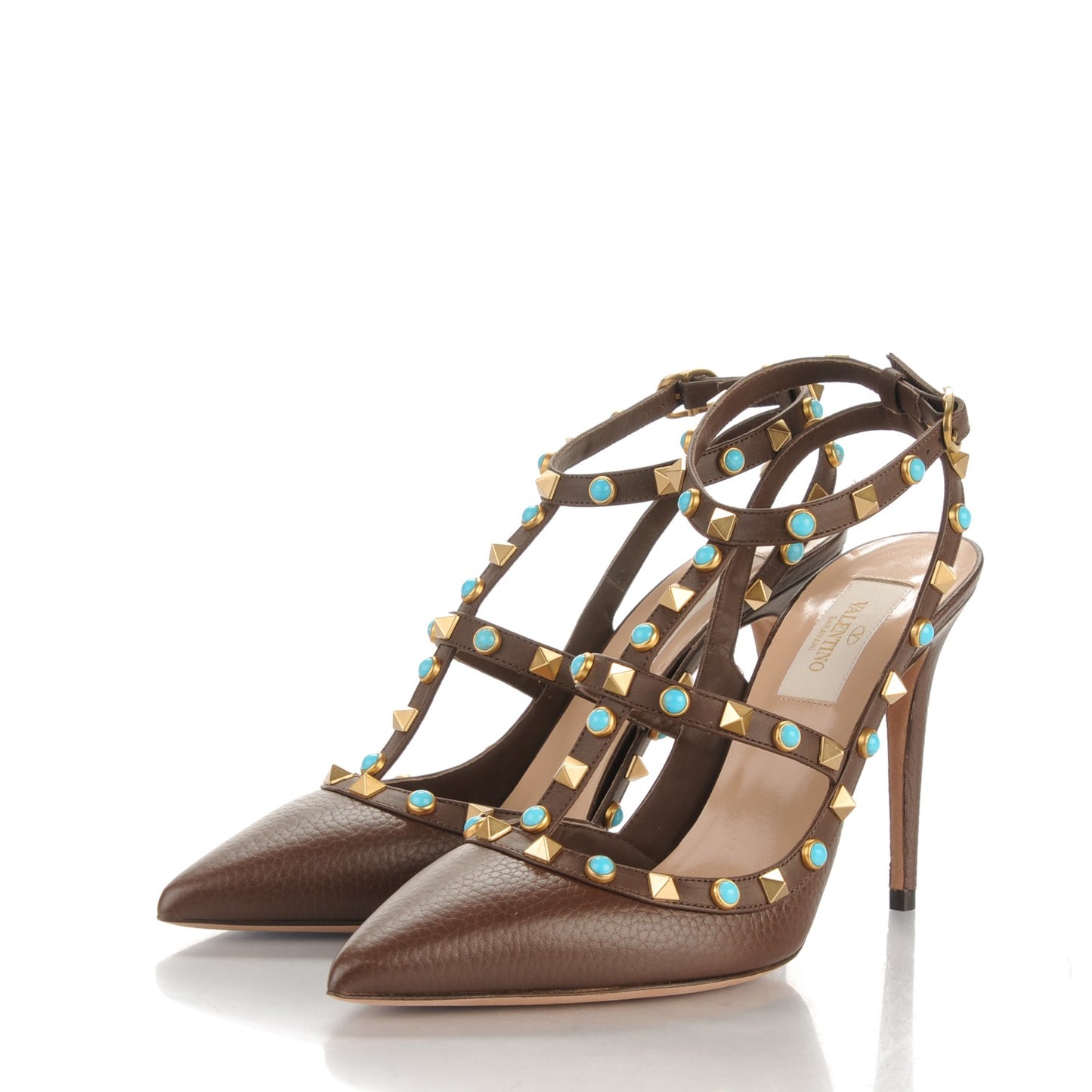Pebbled Calfskin Turquoise Rockstud Rolling Ankle Strap 100mm Pumps 38.5 Cacao