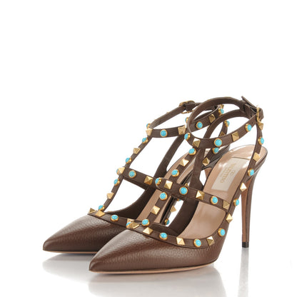 Valentino Garavani Pebbled Calfskin Turquoise Rockstud Rolling Ankle Strap 100mm Pumps 38.5 Cacao 3 of 7