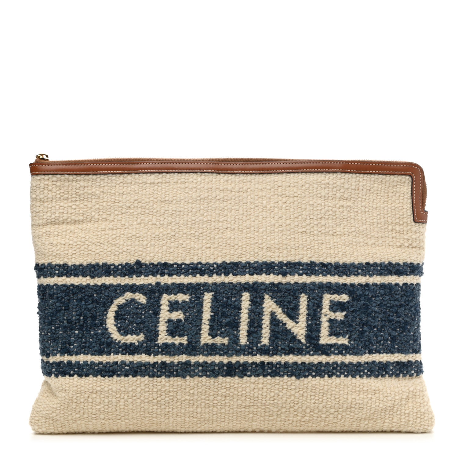 Celine Plein Soleil Textile Calfskin Striped Large Pouch Blue Tan 1 of 7
