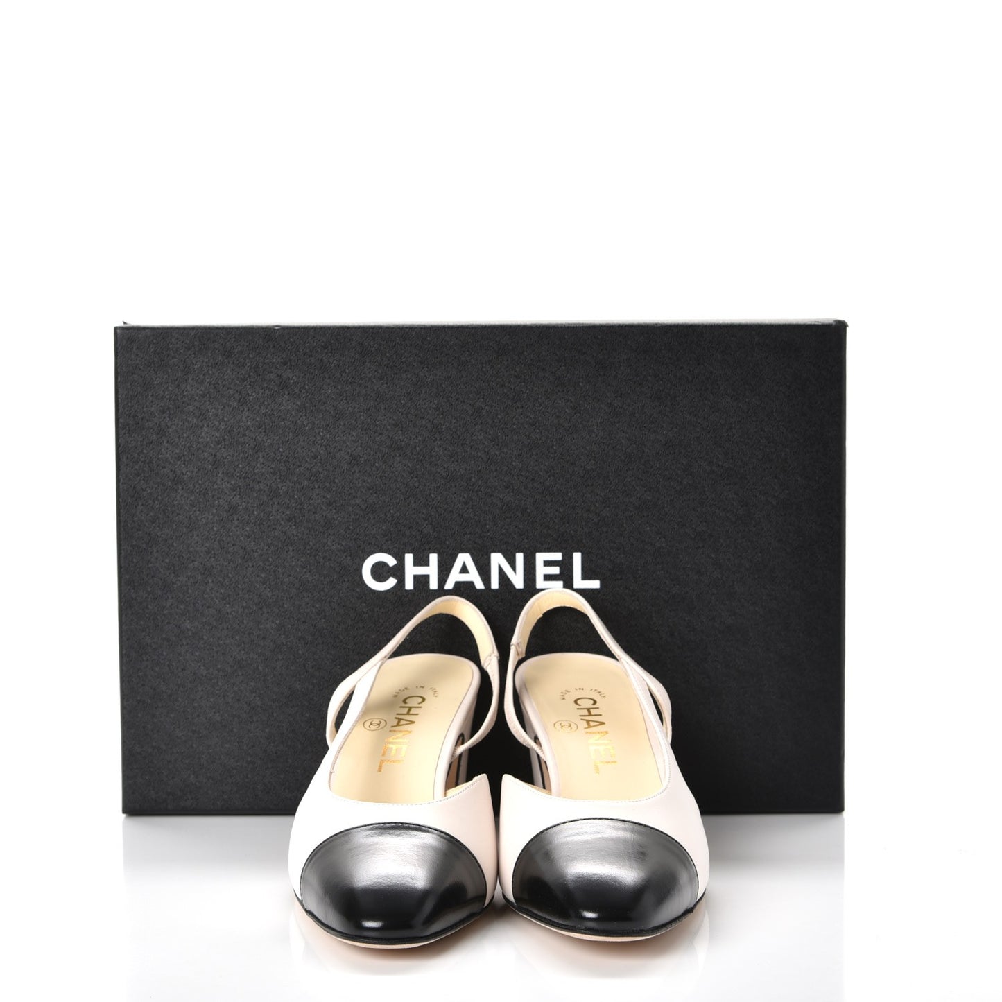 Glazed Calfskin Cap Toe CC Slingback Pumps 37 Ivory Black