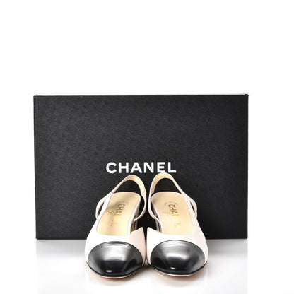 Chanel Glazed Calfskin Cap Toe CC Slingback Pumps 37 Ivory Black 9 of 9