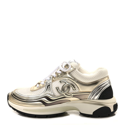 Chanel Fabric Laminated Calfskin Stretch CC Womens Sneakers 38.5 White Gold Silver 1 of 10