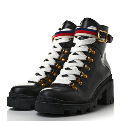 Gucci Calfskin Sylvie Web Womens Lace Up Combat Boots 38 Black 3 of 7