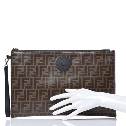 Fendi Glazed Fabric Vitello Century FF 1974 Stamp Patch Large Flat Pouch Mogano Panna Black 2 of 7