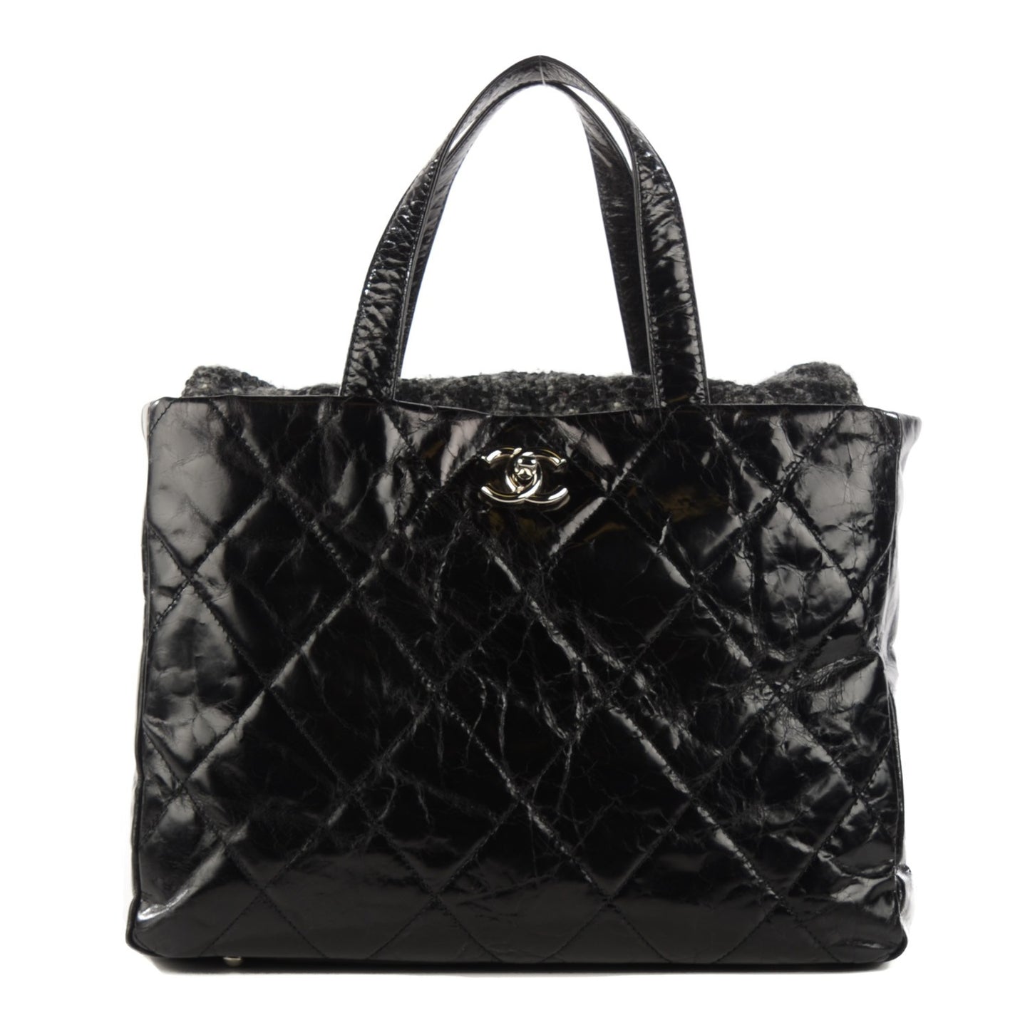 Glazed Calfskin Quilted Tweed Portobello Tote Black
