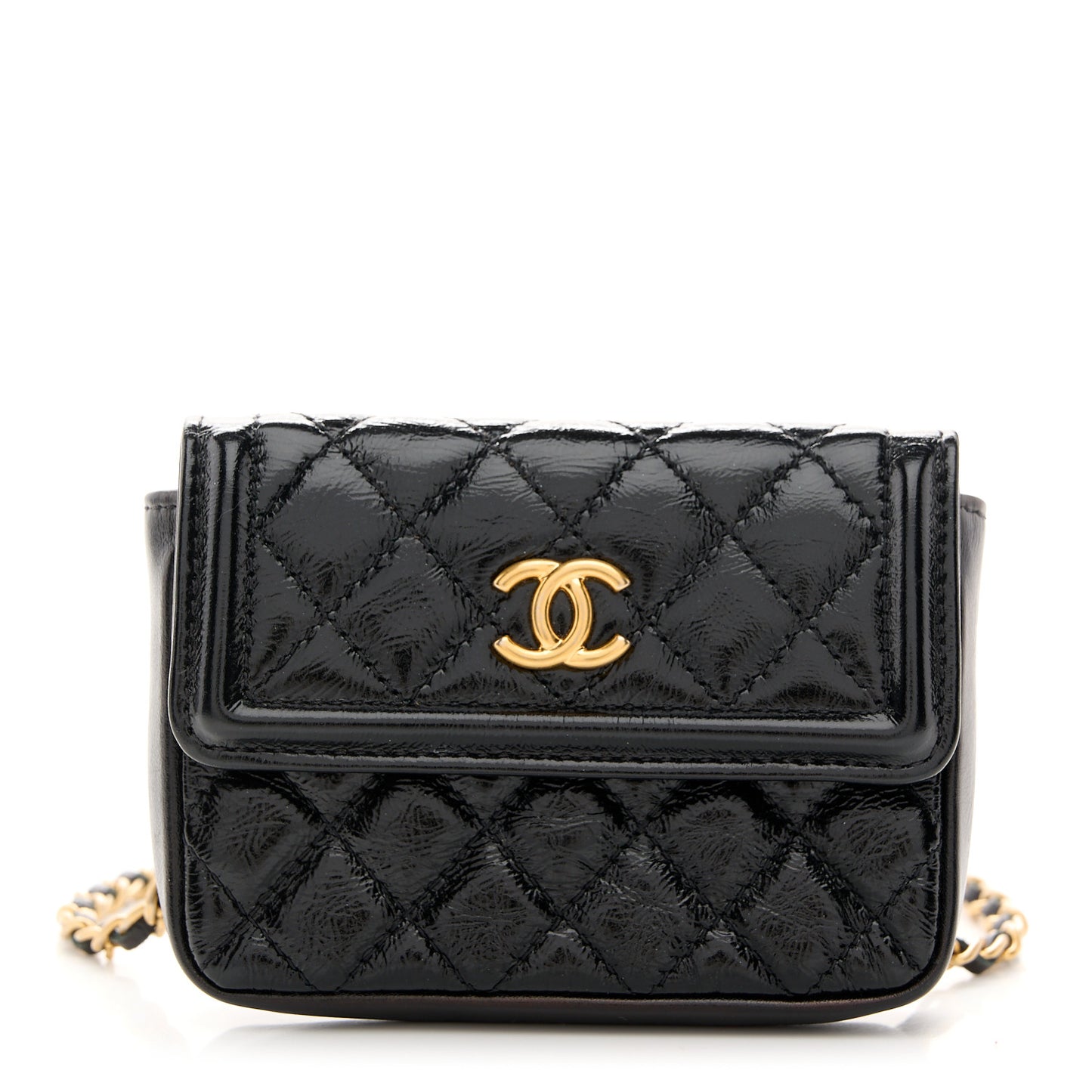 Shiny Aged Calfskin Quilted Waist Belt Bag Black