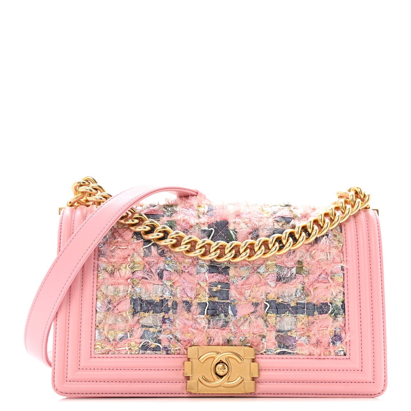 Iridescent Tweed Lambskin Medium Boy Flap Pink