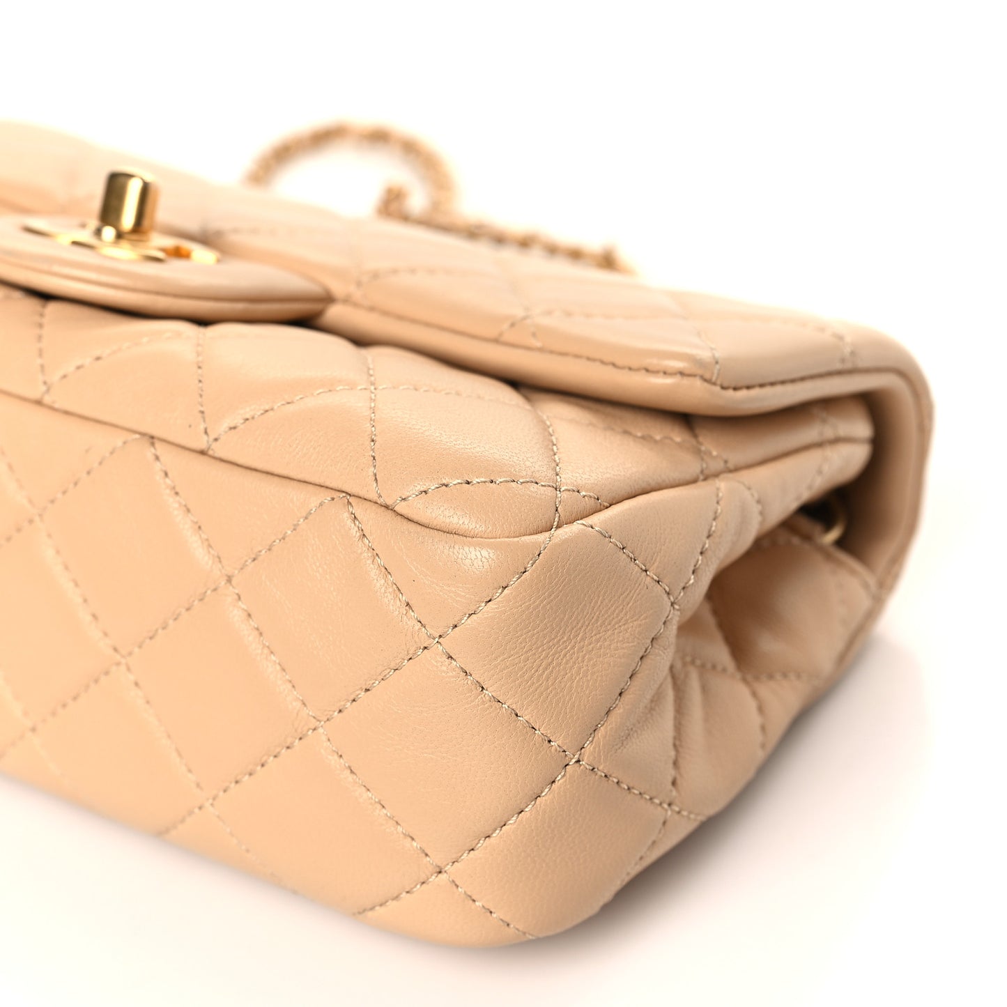 Lambskin Quilted Mini Rectangular Pearl Crush Flap Beige