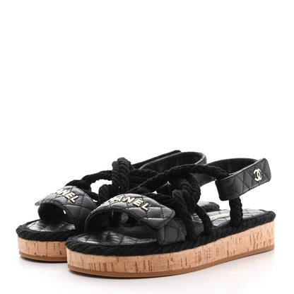 Chanel Cord Lambskin Quilted Logo Sandals 35 Black 3 of 9