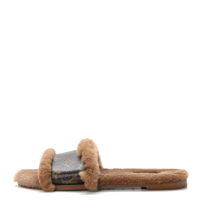 Louis Vuitton Mink Fur Monogram Lock It Flat Mule 40 Cognac 1 of 8