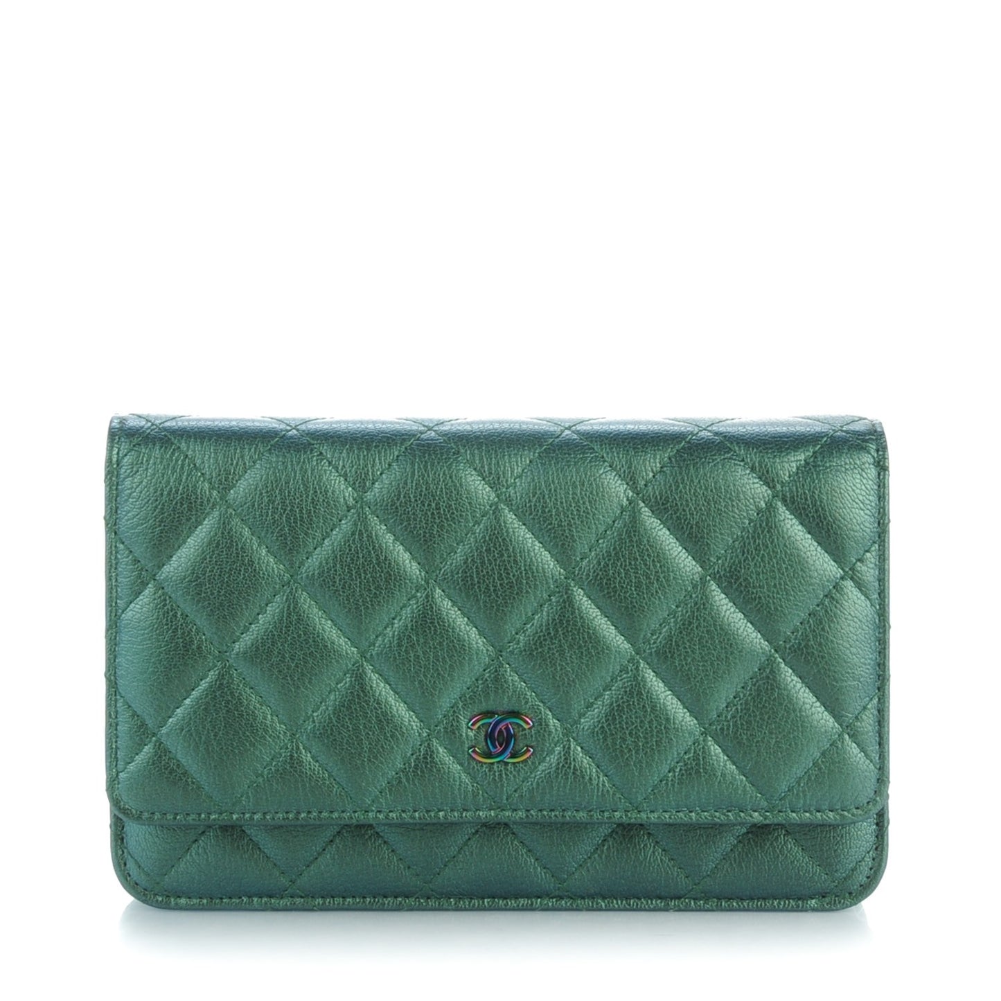 Iridescent Goatskin Quilted Wallet On Chain WOC Green