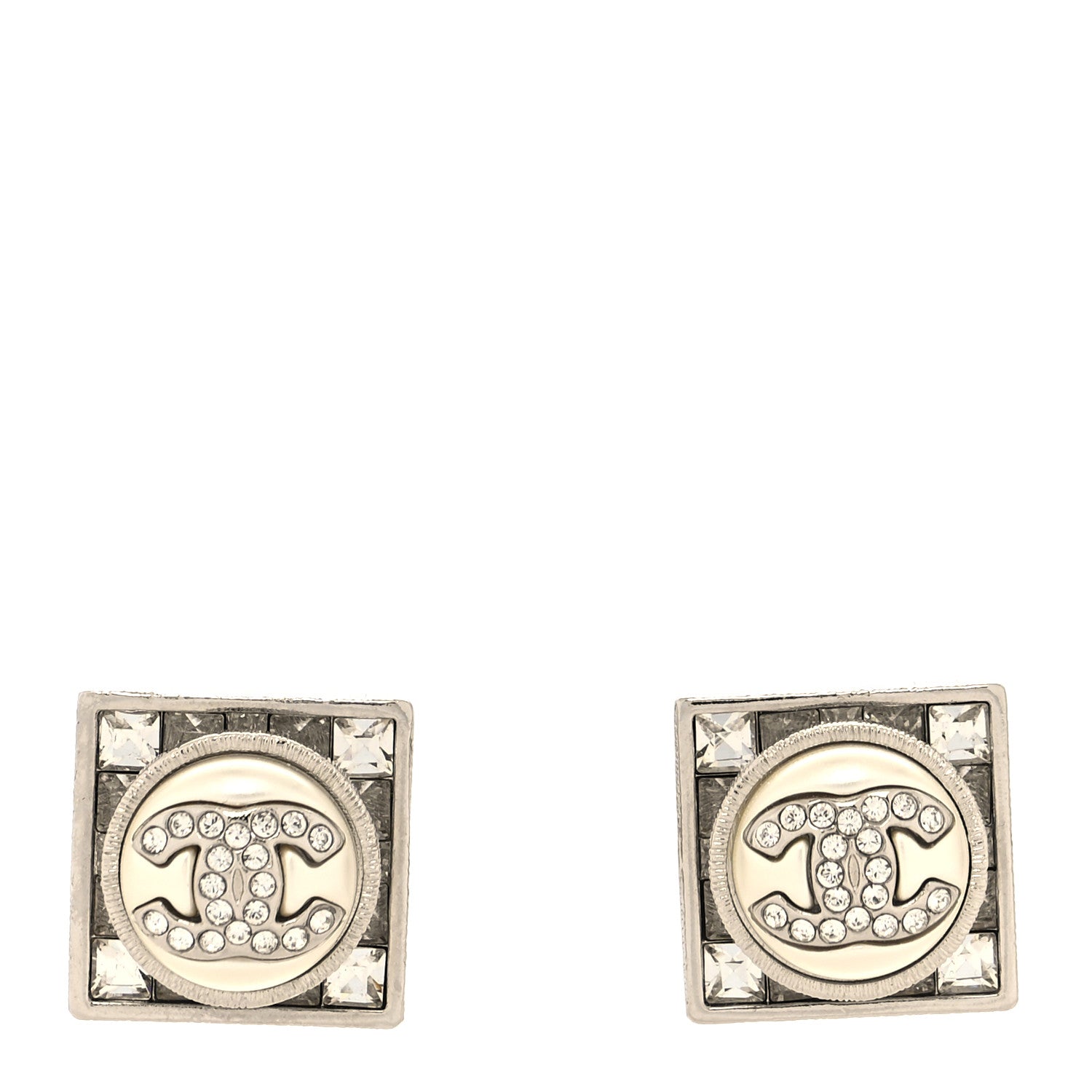 Chanel Pearl Crystal Metal CC Square Earrings Gold 1 of 4