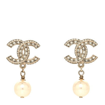 Chanel Crystal Timeless CC Pearl Drop Earrings Light Gold 1 of 4