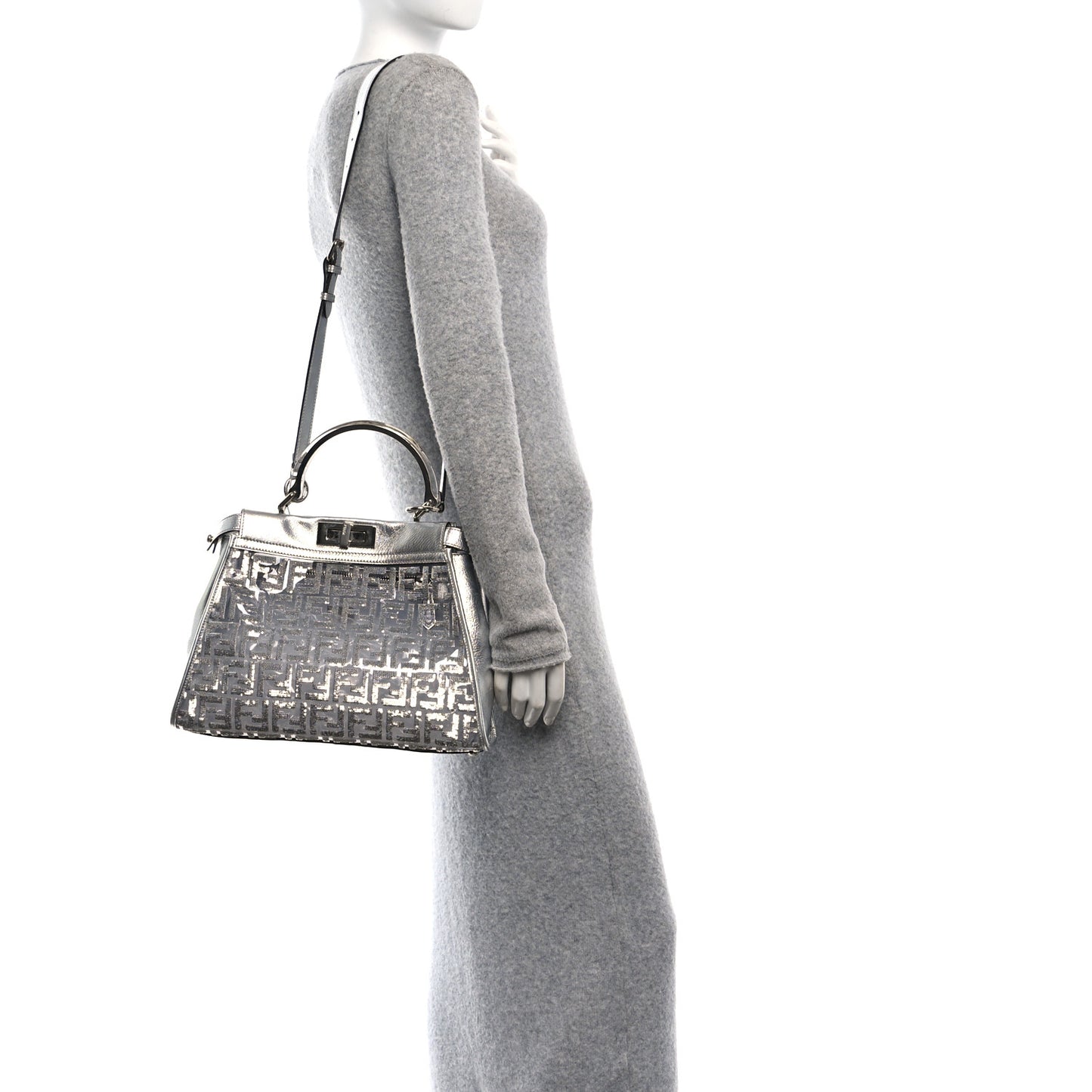 PVC Vitello Catalan Mirror Sequin FF Medium Peekaboo Iconic Satchel Argento