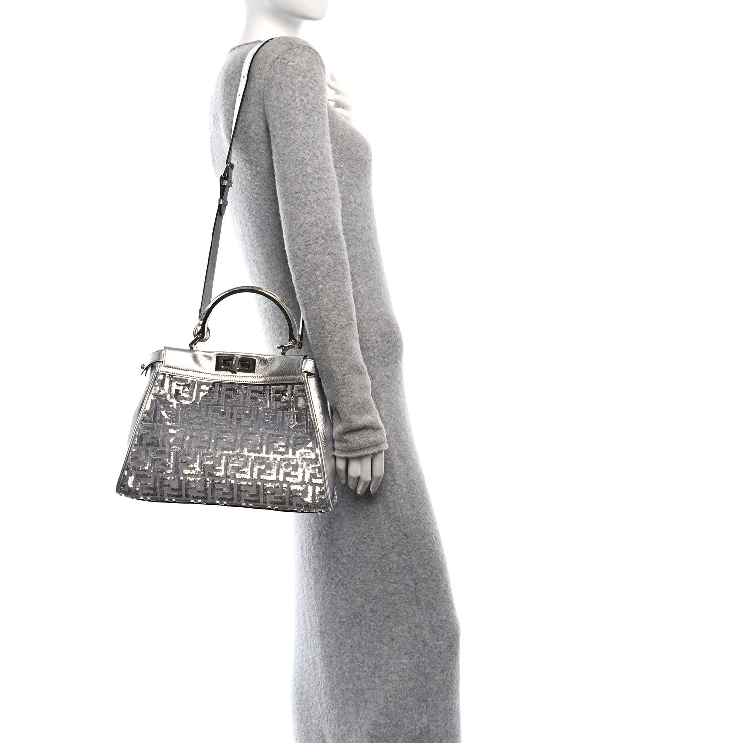 Fendi PVC Vitello Catalan Mirror Sequin FF Medium Peekaboo Iconic Satchel Argento 3 of 8