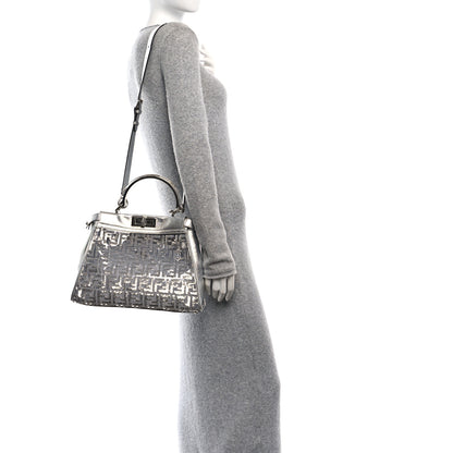 Fendi PVC Vitello Catalan Mirror Sequin FF Medium Peekaboo Iconic Satchel Argento 3 of 8