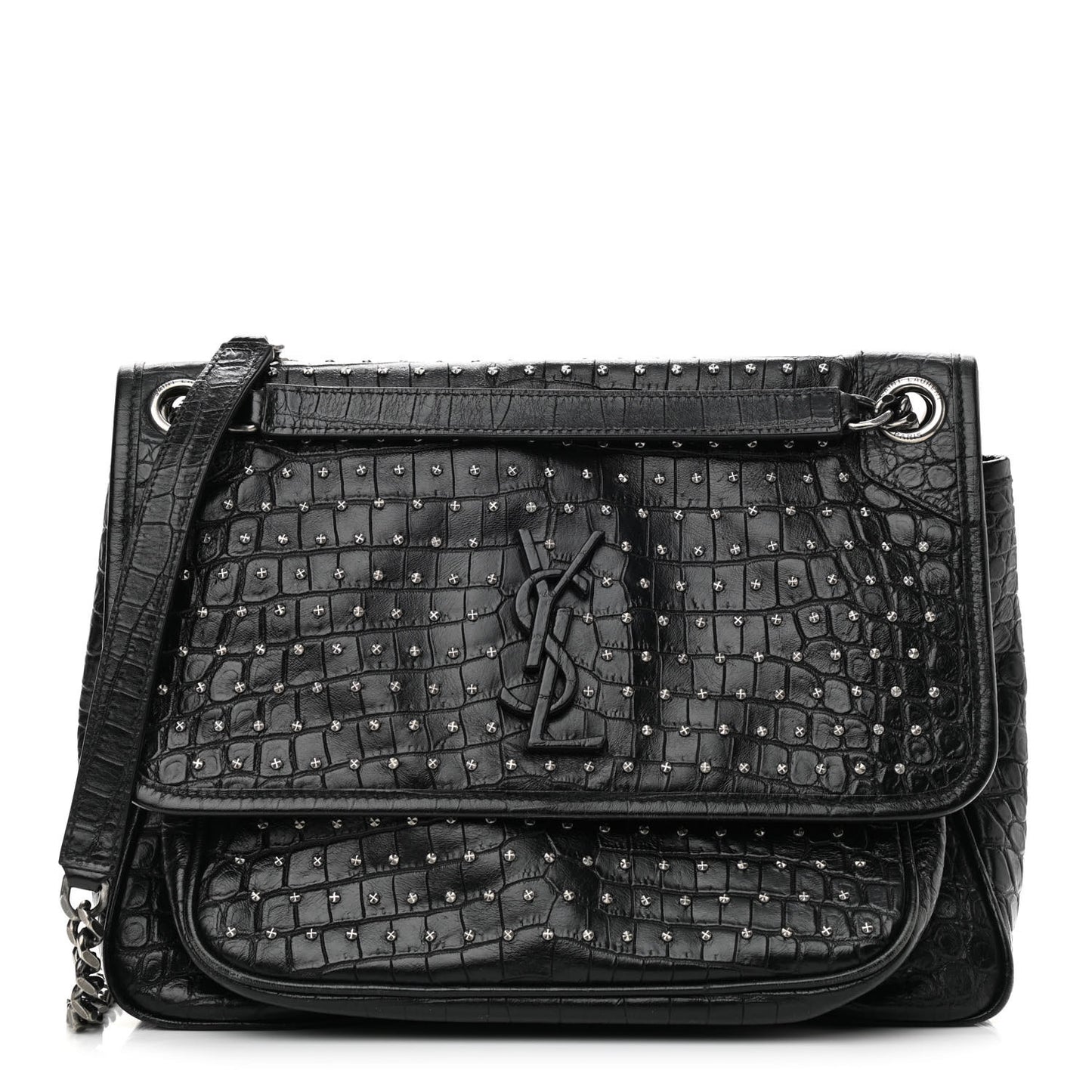 Calfskin Matelasse Monogram Studded Medium Niki Chain Satchel Black
