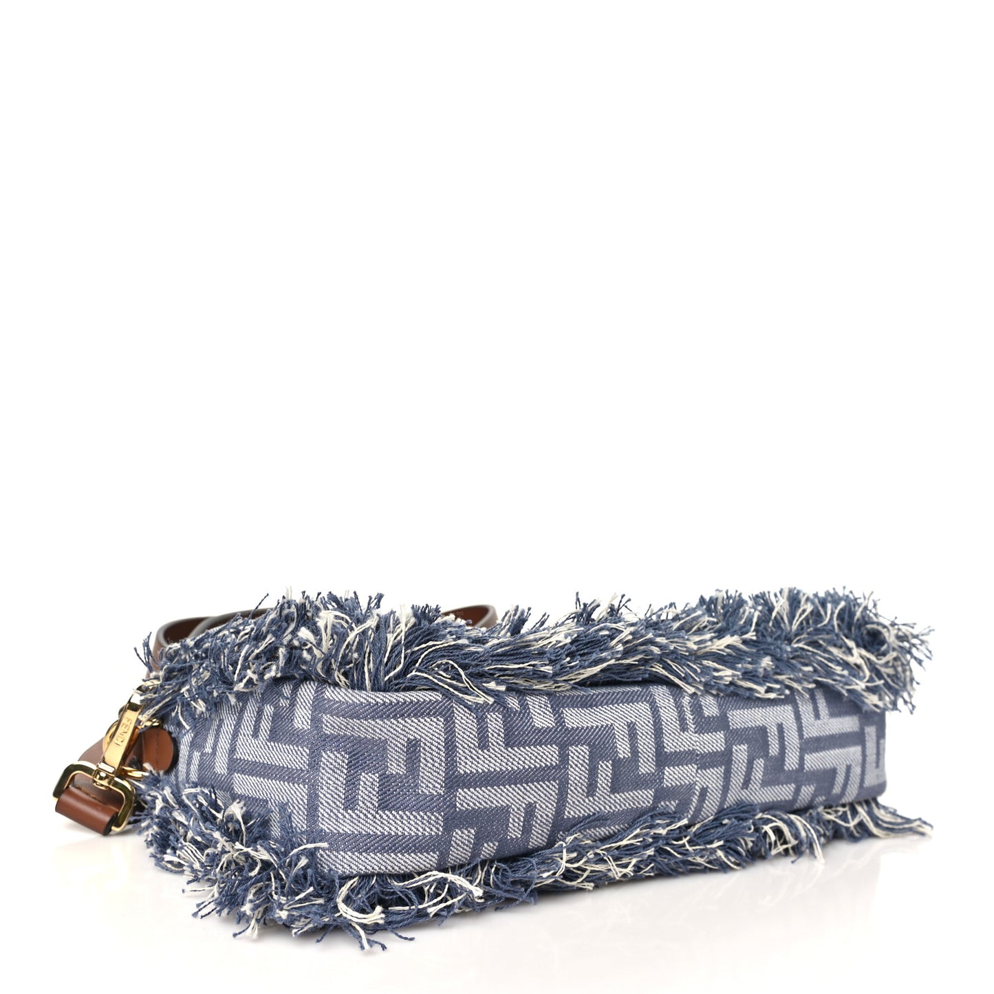 Denim Vitello Fringe FF Embroidered Baguette Myrtle Dark Nut