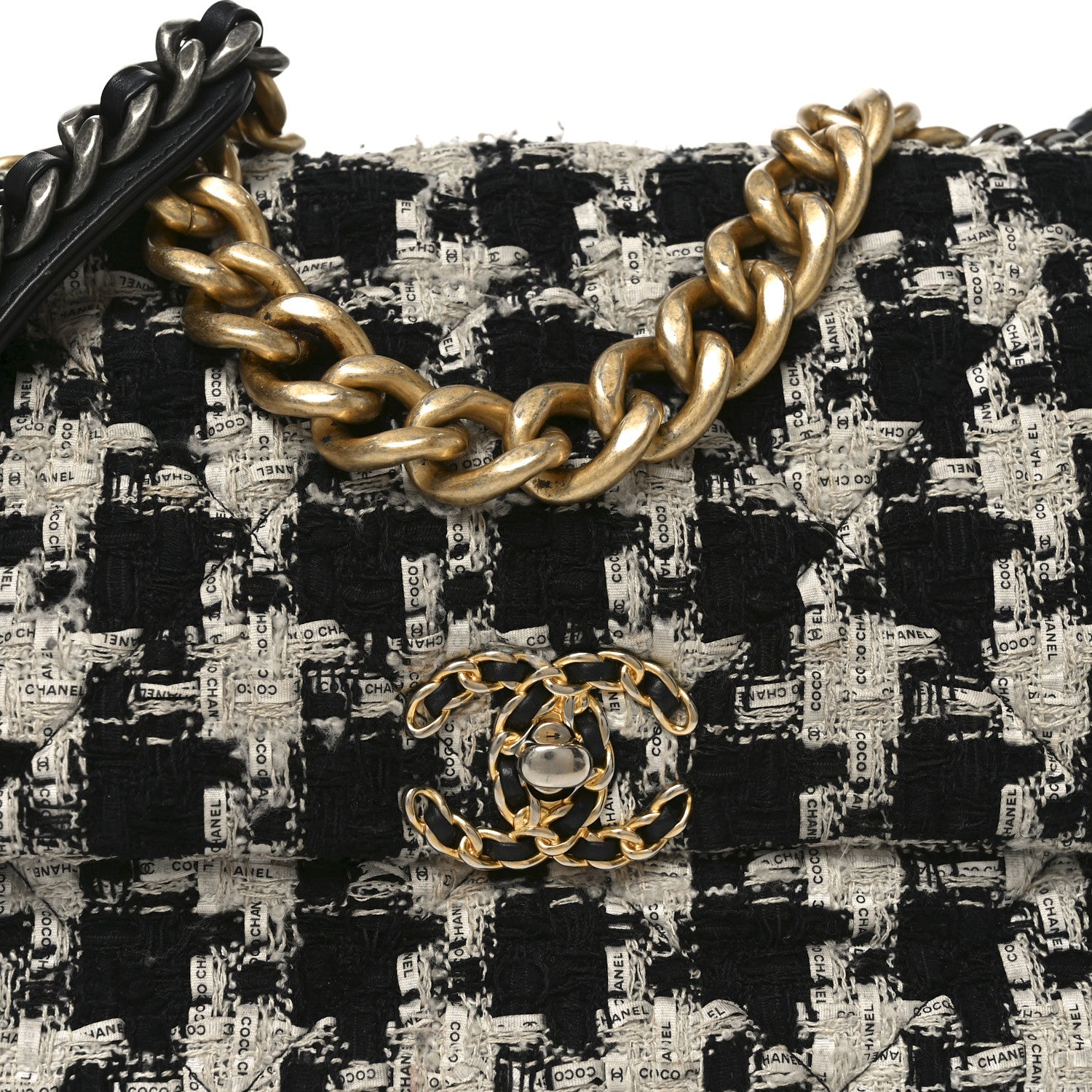 Chanel Tweed Quilted Large Chanel 19 Flap Black Ecru White 8 of 12