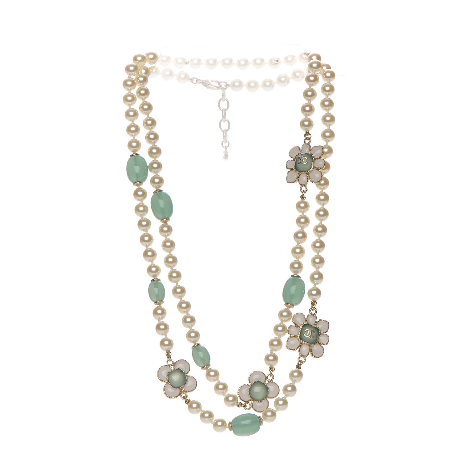 Chanel Pearl Gripoix Poured Glass Long Necklace Gold Green White 3 of 6