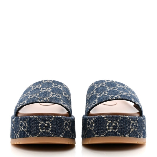 New Denim GG Monogram Angelina Platform 55mm Slide Sandals 36.5 Blue Tea
